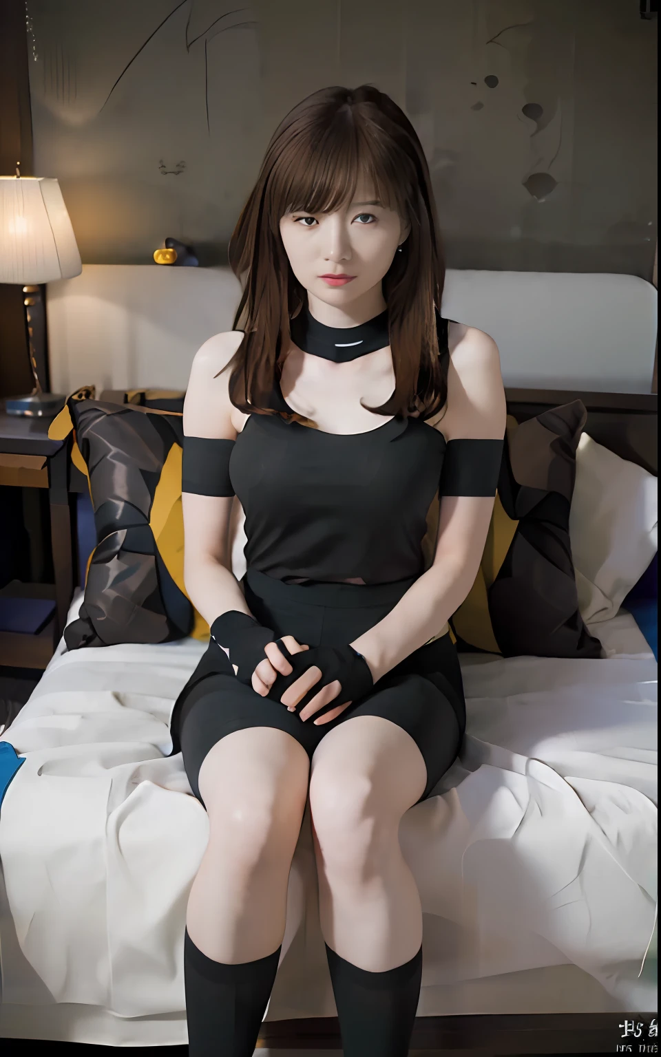 ​masterpiece、​masterpiece、top-quality、top-quality、realisitic、Unity、8K Picture Wallpaper、Official art、Highly detailed CG Unity 8K wallpapers、ulzzang-6500、one girls、cute little、Professional Lighting、((The sheen、Long black spandex shorts:1.37))、length hair、dishevled hair、　(Original: 1.2)、(realisitic: 1.4)、ultra-detailliert、hight resolution、ultra-detailliert,splendid, finely detail, lighting like a movie、Simple costumes, Detailed clothing texture、a bed、skirt by the、Projection from above。 (8K、Raw photography、top-quality、​masterpiece:1.27)、(realisitic、Photorealsitic:1.37)、physically-based renderingt、a handsome、​masterpiece、top-quality、hight resolution、