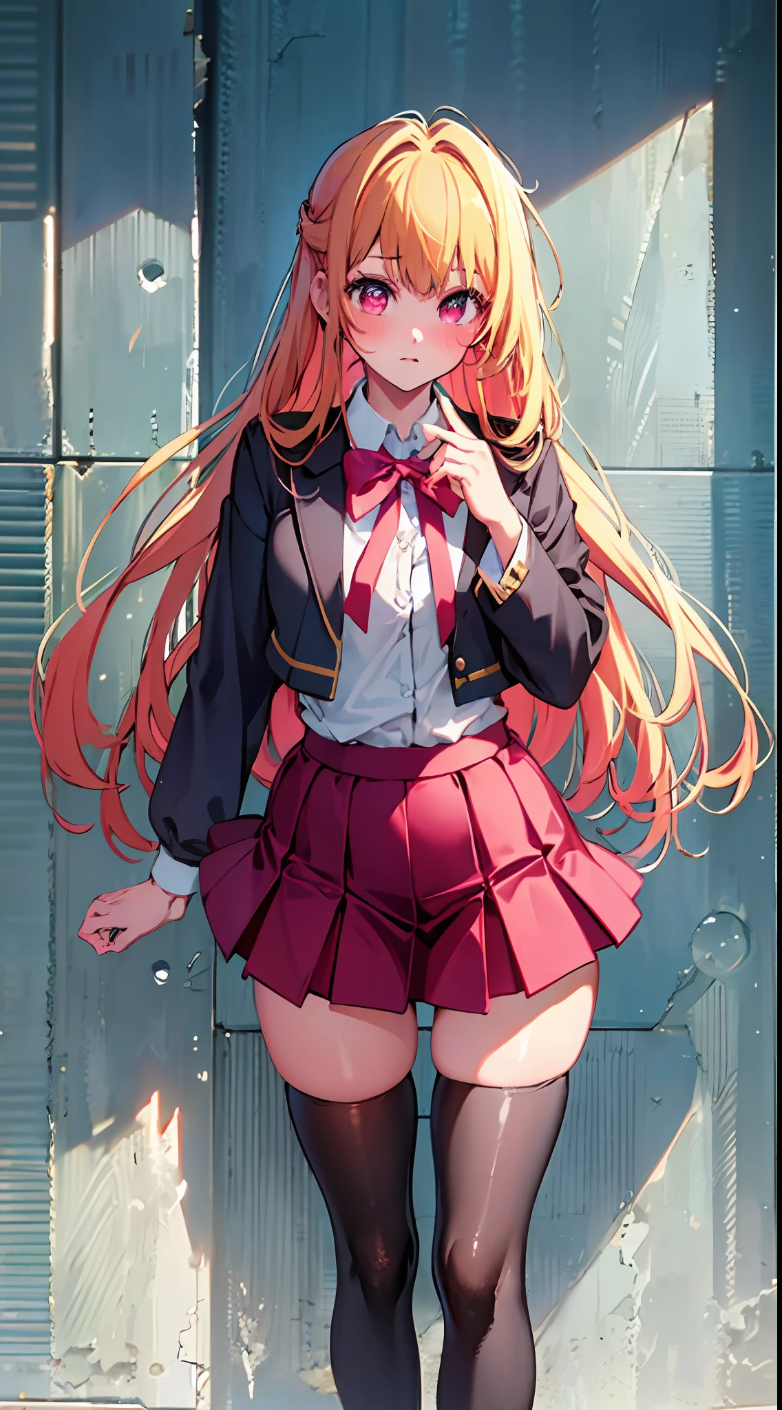 main girl is beautiful and cute, "neat and bright uniform coordination", fashion model posing, full body, full body illustration, best illustration, elementary school student, realistic and elaborate uniform, high school uniform, ((highest quality)), ((masterpiece)), (detail: 1.4), anatomical, award-winning concept art, beautiful, fine details, portrait, look viewer, (full body view)), 1 girl, full body, solo, 6 years old, schoolchild, golden hair, blonde, semi-long hair, red and pink eyes, large eyes, the pupil of the left eye is star-shaped, characteristic pupil of the left eye, the pupil of the left eye is clear, the pupil of the left eye is detailed, dark brown blazer, maroon sweater, long skirt with a long check length, dark green and maroon skirt, black hyso, orange large ribbon, white blouse, underwear, panties, skirt, white panties, wet, shirt, wet clothes, skirt lift, blush, classroom, navel,lift under chest, clothing lift, easy background, lifting clothes, uniform, Japan cute school uniform, blazer, look away, short sleeve, loli, skinny, elementary, loli, baby face, cute, young appearance, fantastic visual depiction, professional effects, beautiful girl, petite girl, sweaty transparent clothes, uneven, absurd, heel up loafers, golden hair, red and pink eyes, main girl is beautiful and cute