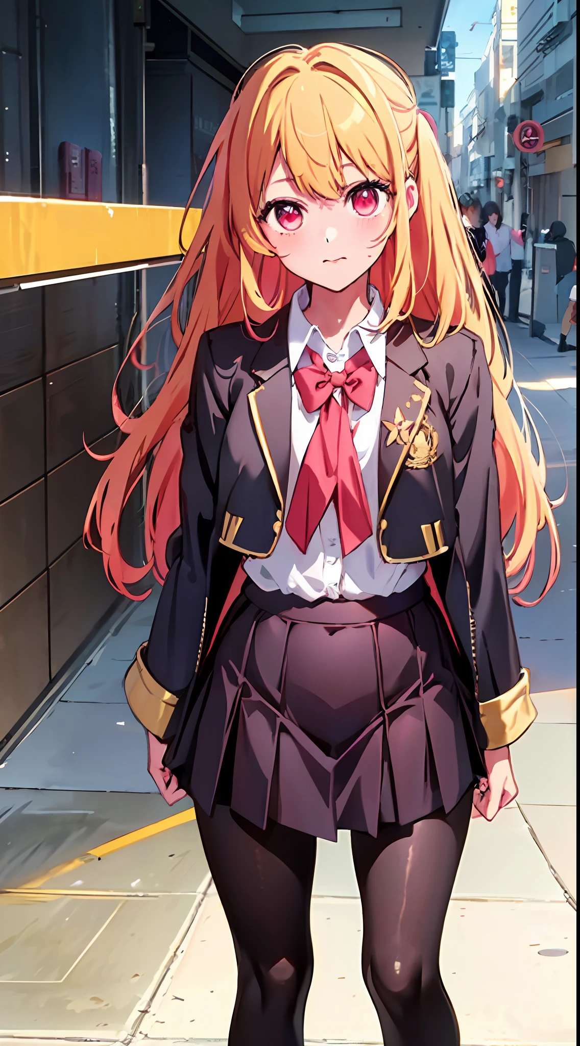 main girl is beautiful and cute, "neat and bright uniform coordination", fashion model posing, full body, full body illustration, best illustration, elementary school student, realistic and elaborate uniform, high school uniform, ((highest quality)), ((masterpiece)), (detail: 1.4), anatomical, award-winning concept art, beautiful, fine details, portrait, look viewer, (full body view)), 1 girl, full body, solo, 6 years old, schoolchild, golden hair, blonde, semi-long hair, red and pink eyes, large eyes, the pupil of the left eye is star-shaped, characteristic pupil of the left eye, the pupil of the left eye is clear, the pupil of the left eye is detailed, dark brown blazer, maroon sweater, long skirt with a long check length, dark green and maroon skirt, black hyso, orange large ribbon, white blouse, underwear, panties, skirt, white panties, wet, shirt, wet clothes, skirt lift, blush, classroom, navel,lift under chest, clothing lift, easy background, lifting clothes, uniform, Japan cute school uniform, blazer, look away, short sleeve, loli, skinny, elementary, loli, baby face, cute, young appearance, fantastic visual depiction, professional effects, beautiful girl, petite girl, sweaty transparent clothes, uneven, absurd, heel up loafers, golden hair, red and pink eyes, main girl is beautiful and cute
