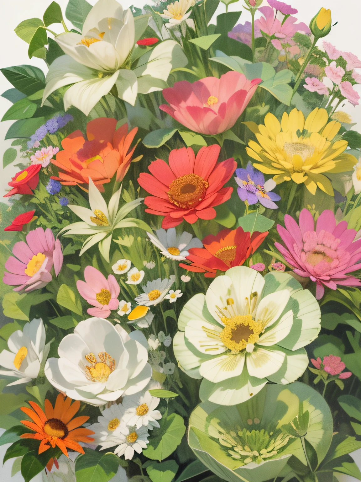 Generate a drawing,The ratio of width to height is 3 to 4,Realistic style,The picture is covered with many flowers,There should be at least 30 flowers in the picture,The branches and leaves below can be faintly seen between the flowers,The flowers contain red roses and some other varieties of flowers and greenery,The flowers in the picture contain at least 5 different varieties,The flowers in the picture contain at least 5 different colors。