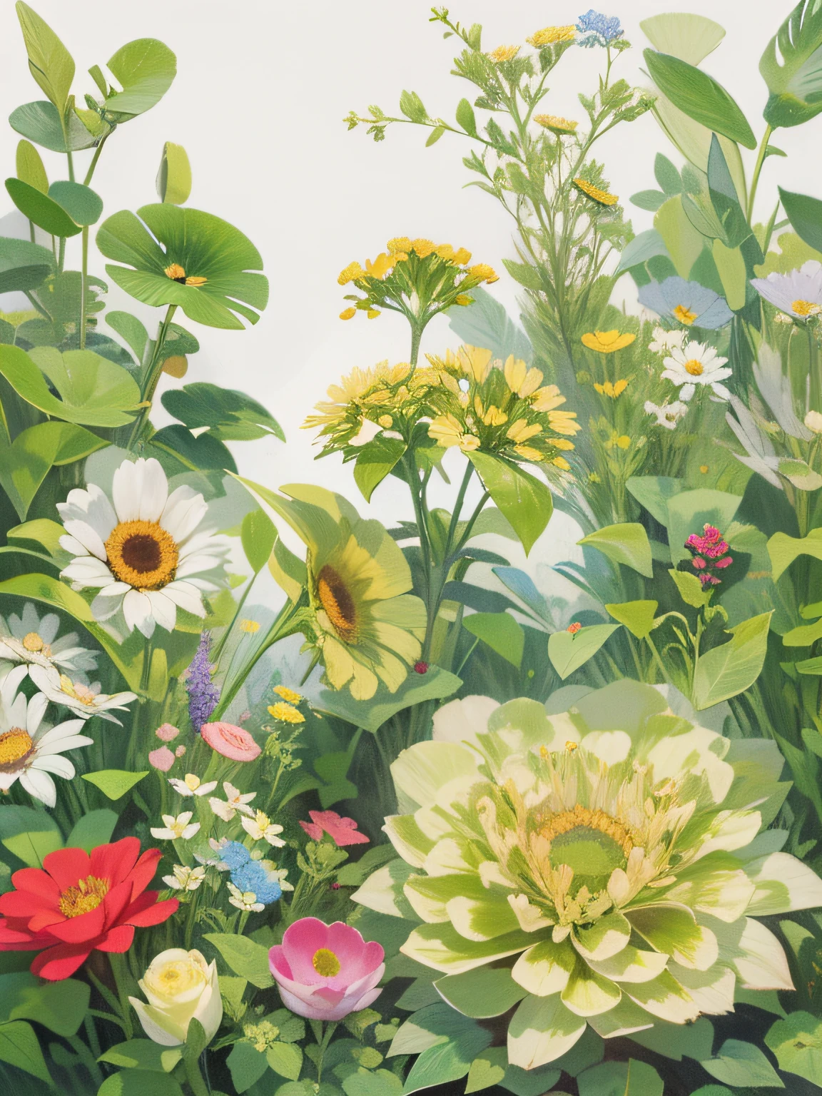 Generate a drawing,The ratio of width to height is 3 to 4,Realistic style,The picture is covered with many flowers,There should be at least 30 flowers in the picture,The branches and leaves below can be faintly seen between the flowers,The flowers contain red roses and some other varieties of flowers and greenery,The flowers in the picture contain at least 5 different varieties,The flowers in the picture contain at least 5 different colors。