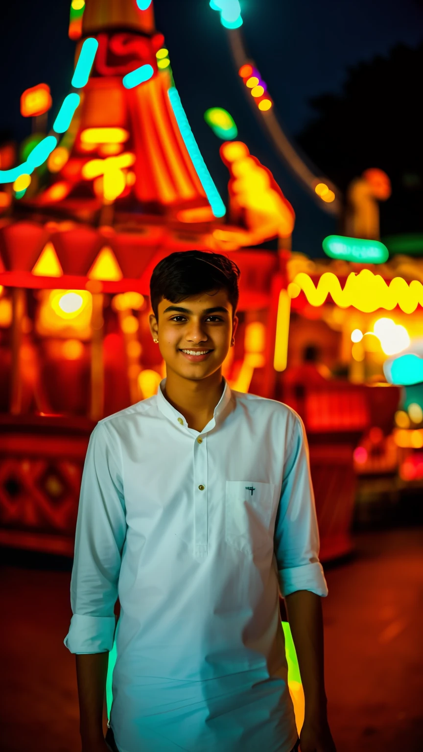 Boy standing in front of a carnival ride at night, background blur, portrait mode photo, around 1 , taken with the best DSLR camera, portrait, young commoner, shot on nikon Z9, very very high quality picture, a photo of a man, India photography, India picture, shot with premium dslr camera