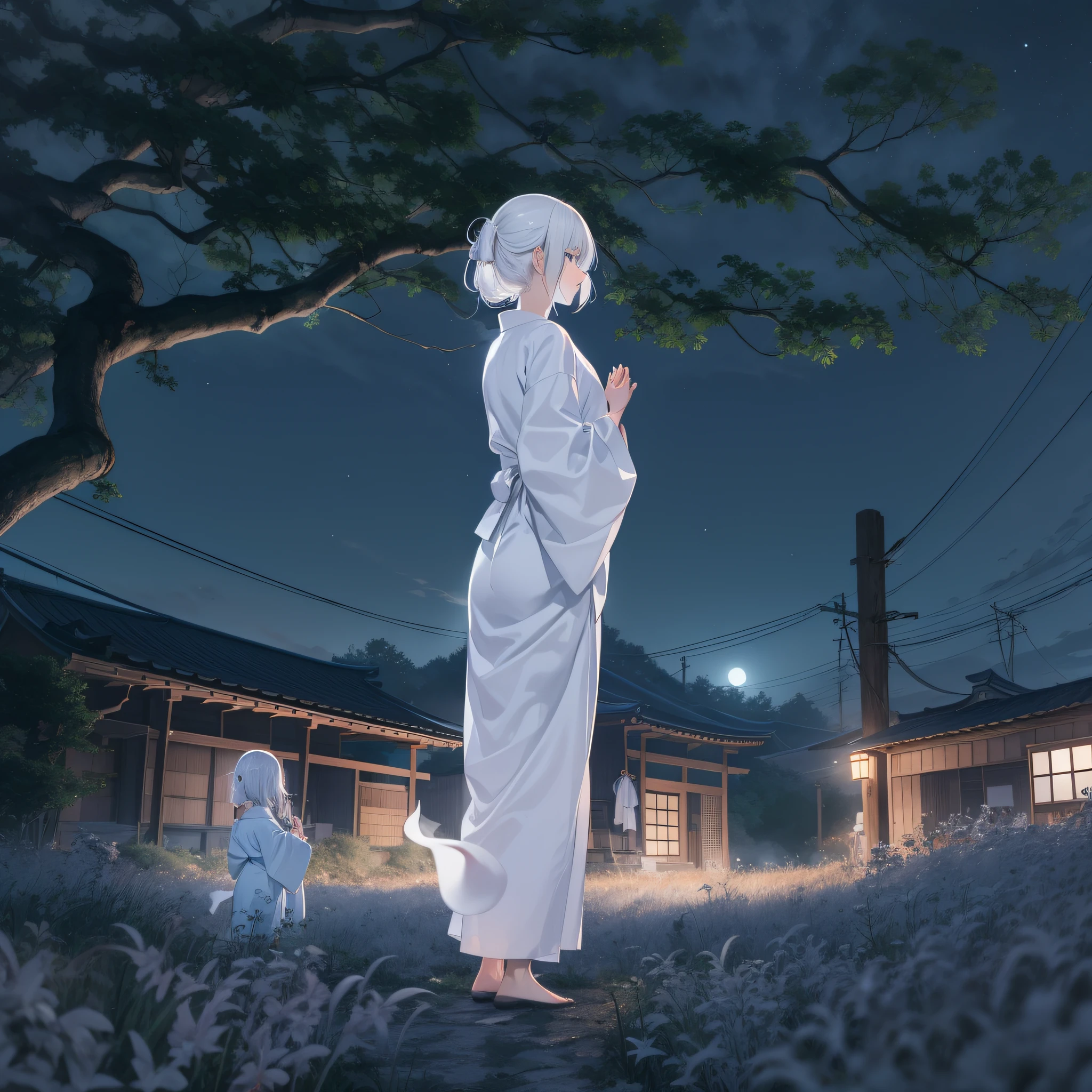 ghosts、White yukata、White hair、both hands in front、、Plain white、natta、Standing Girl、Original scenery of the Japan、deep in the night、countryside、Ephemeral、worry about、8K、32K、