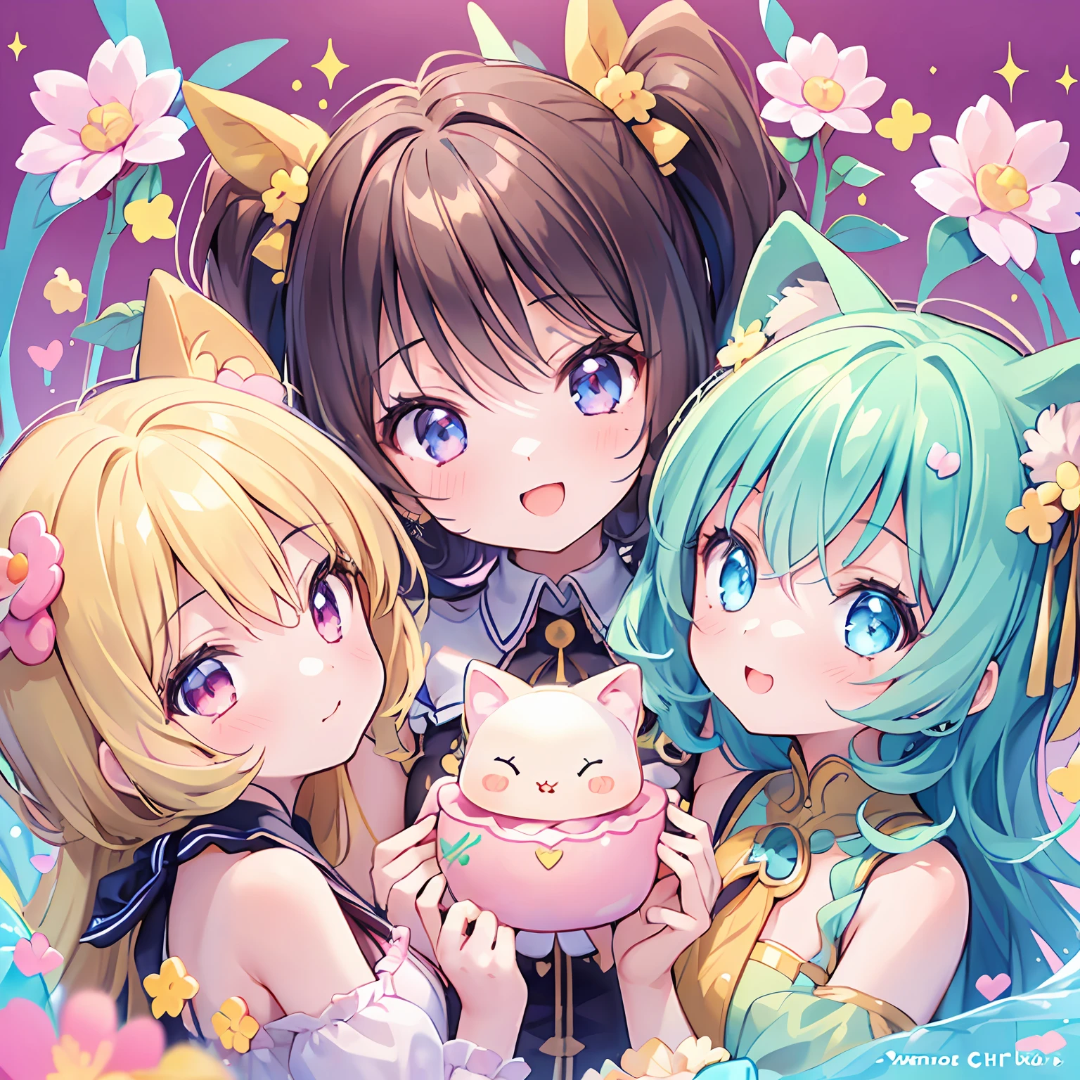 masterpiece, (2girls and 2girls and 2girls and 2girls), idol, closeup, big eyes, kawaiitech, kawaii, cute, pastel colors, best quality, happy, deep background, symmetrical, tilted head, summer, cover, title