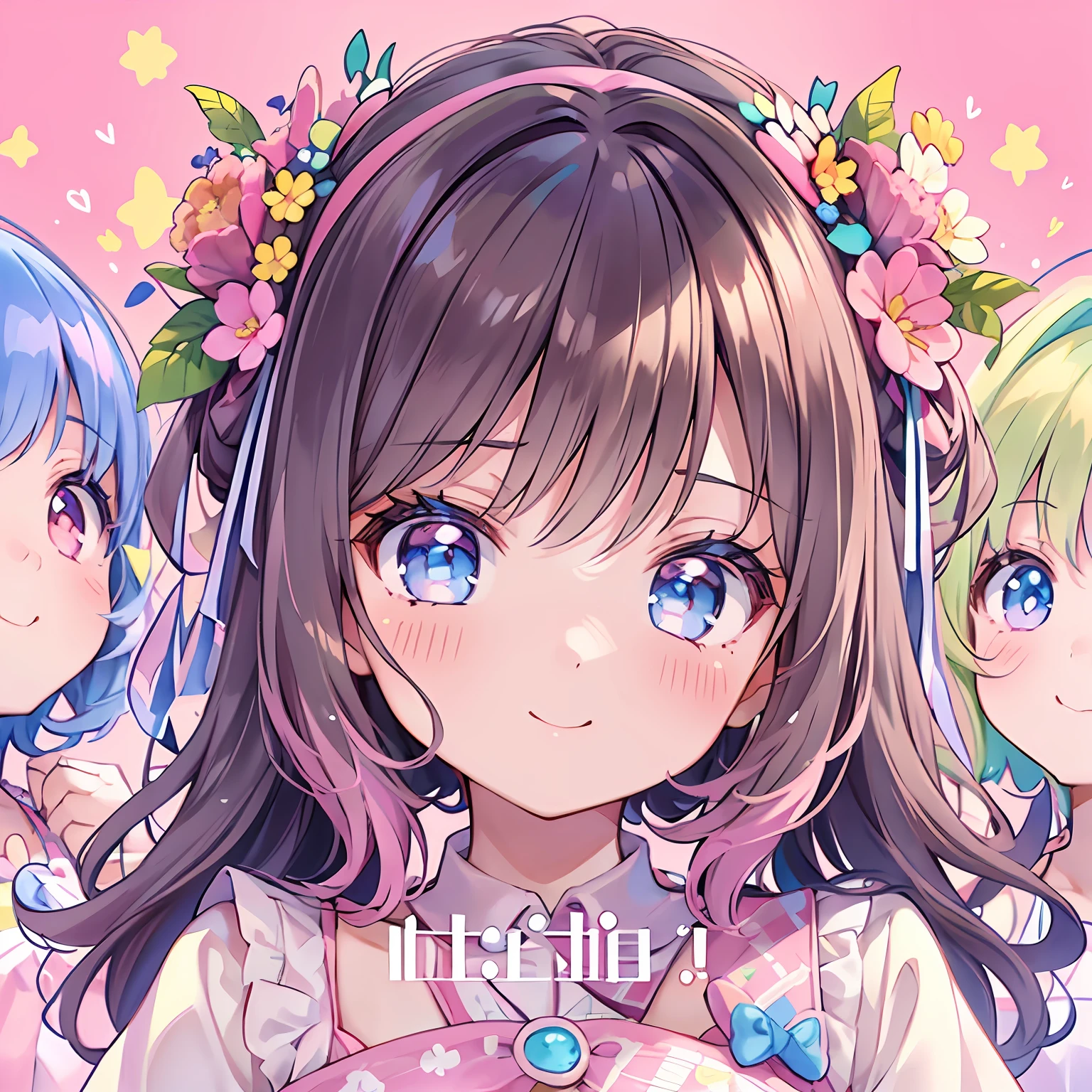 masterpiece, (2girls and 2girls and 2girls and 2girls), idol, closeup, big eyes, kawaiitech, kawaii, cute, pastel colors, best quality, happy, deep background, symmetrical, tilted head, summer, cover, title