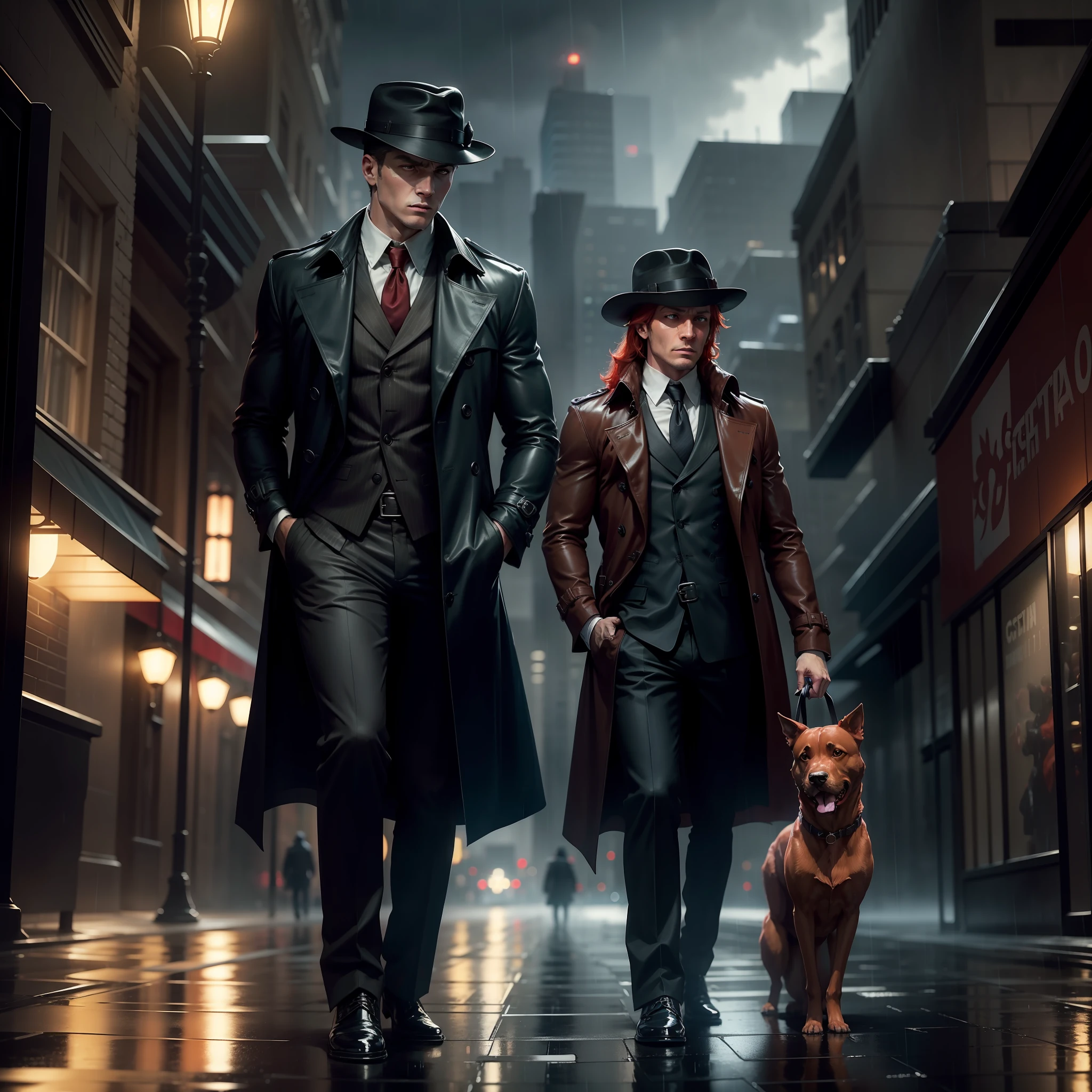 “(Top image quality),Men wear trench coats and hats,Walk the streets of Gotham City alone,It's raining in the sky,There is a red dog next to him。”