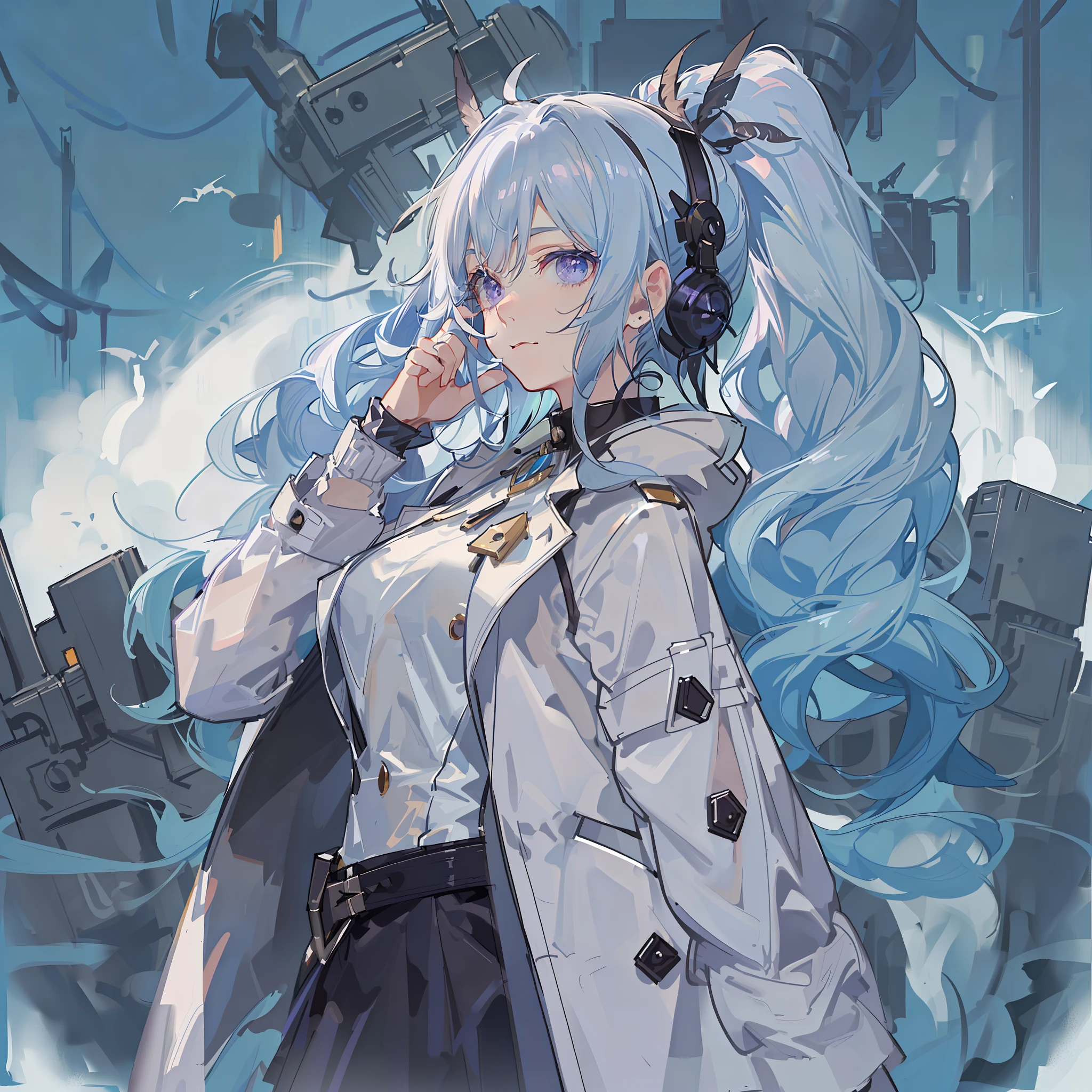 Girl with blue and white hair，Wearing a thick white coat，Large lapels，Purple eyes，Industrial-style clothing，From the maiden front，From the Ark of Tomorrow，Blue strap decoration，Bust，Half-buttoned coat，Tung with high ponytail hair，Small，solo person，White half-buttoned coat，Mature girl