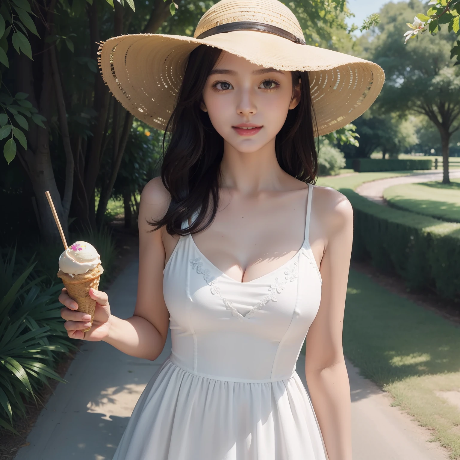 Walk on country lanes，sunhat，white dresses，ssmile，Put the ice cream stick to your mouth，Warm sun，Super detail，Masterpiece，Anatomically correct，Super detail，Super detail，High details，High quality，surrealism