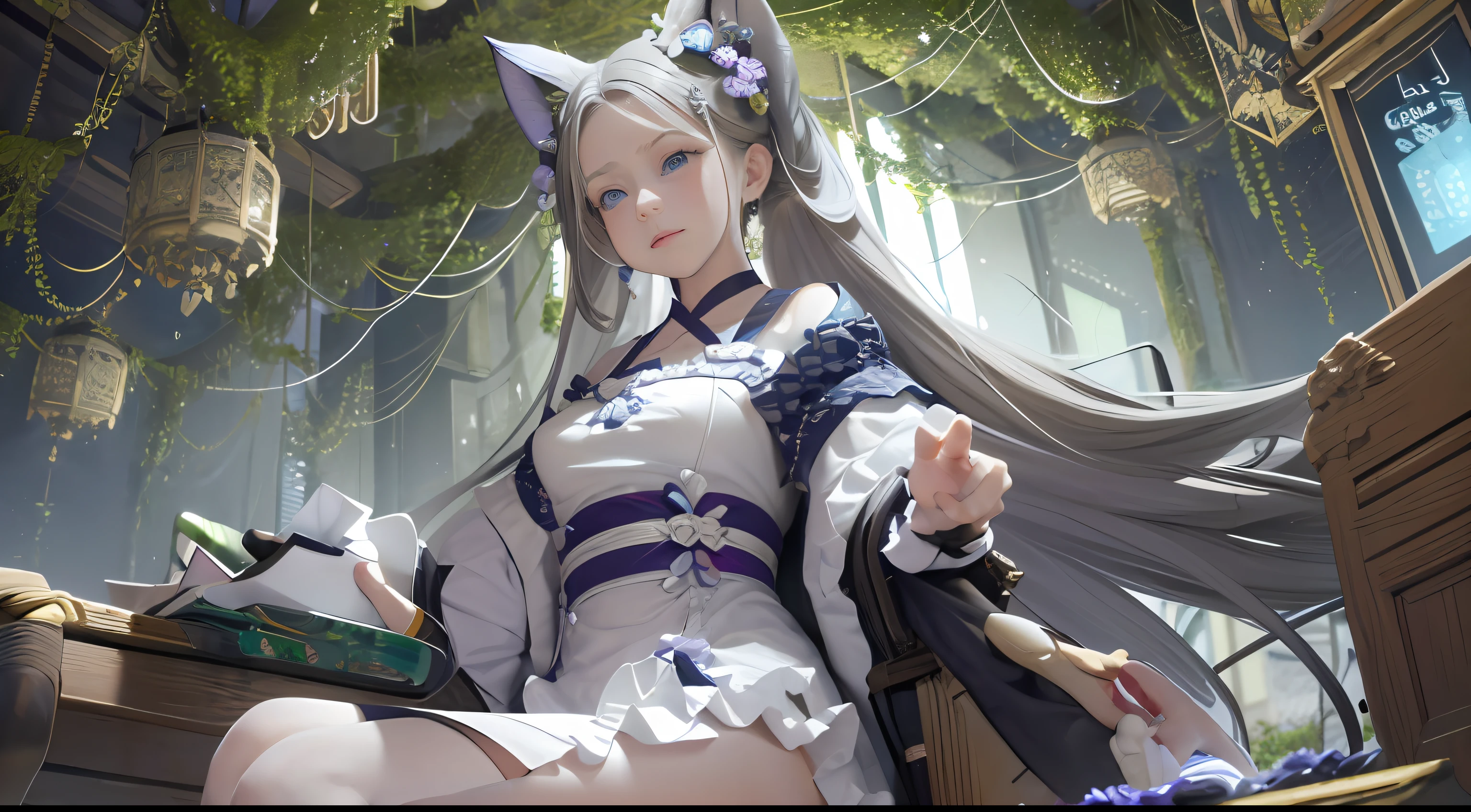 (Overlooking the perspective),dynamic angle,magicle world，Super meticulous,illustratio,closeup cleavage,Looking directly at,Kizi,(fanciful:1.4),(Blue eyes:1.233),Her eyes shone like dreamy stars,(glowing light eyes:1.233) ,(美丽细致的眼睛:1.1),(silber hair:1.14),(messy  hair,Very long hair,french braid,Hair between both eyes,Lateral hair),(+(Gray hair flower:1.14)),(Chiffon dress,Off-the-shoulder attire，Expose the collarbone，Uniform white flower pattern)/=(army suit:1.24),(Wide sleeves),(Fingerless gloves),choker necklace,(miko thighhighs),high heels boots,(Frightened expressions),(standing on your feet), (big trees，In the forest，Shadows interlace, All kinds of beasts, ),(flor branca,full bloom),(flowingwater),(Dark Blue World Tree:1.14),(废墟),(natta:1.2 ),Dreamy,soul,(Fluorescence),(Flying translucent blue butterfly:1.15),[[Delicate fingers and hands:0.55]::0.85],(Finger details),(yubao:0.5),3D，full bodyesbian，the detail，Background bokeh，high qulity，high detal，deep v big breasts，huge tit，flat lay，Expose cleavage，Large trees interlace，full bodyesbian，Hanfu，solo person