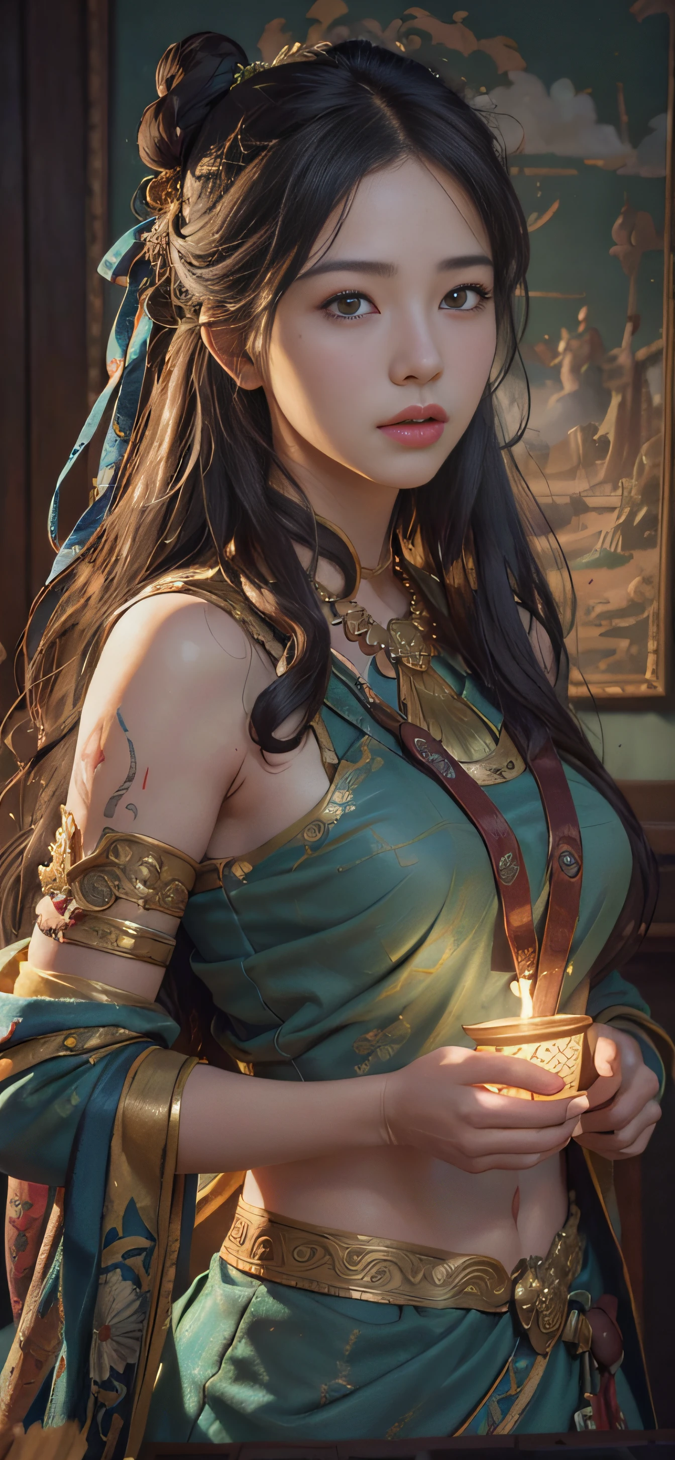 (RAW photo, best quality), (realistic, photo-realistic:1.3),best quality,highly detailed,masterpiece,ultra-detailed,illustration,1girl,upper_body,dynamic angle,world masterpiece theater,messy_long_hair,best quality,extremely detailed CG unity 8k wallpaper,ink,Amazing,cinematic lighting,lens_flare,,dunhuang_style