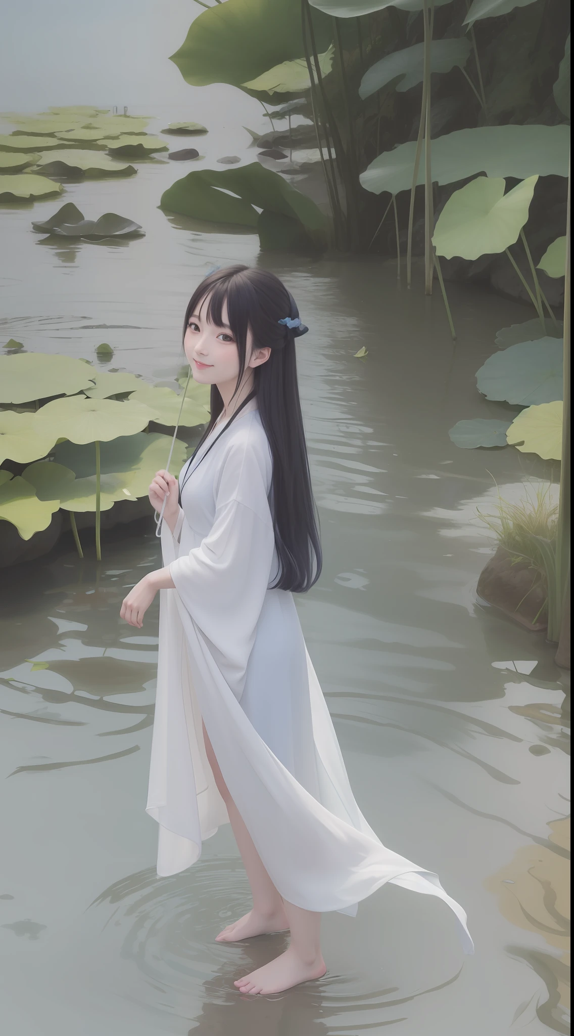 ((4k,masterpiece,best quality)), shuimobysim, traditional chinese ink painting, lotus, hanfu, maxiskit, dress conservatively 1girl, solo, long blue hair, smile, standing, feet in the water, barefoot,