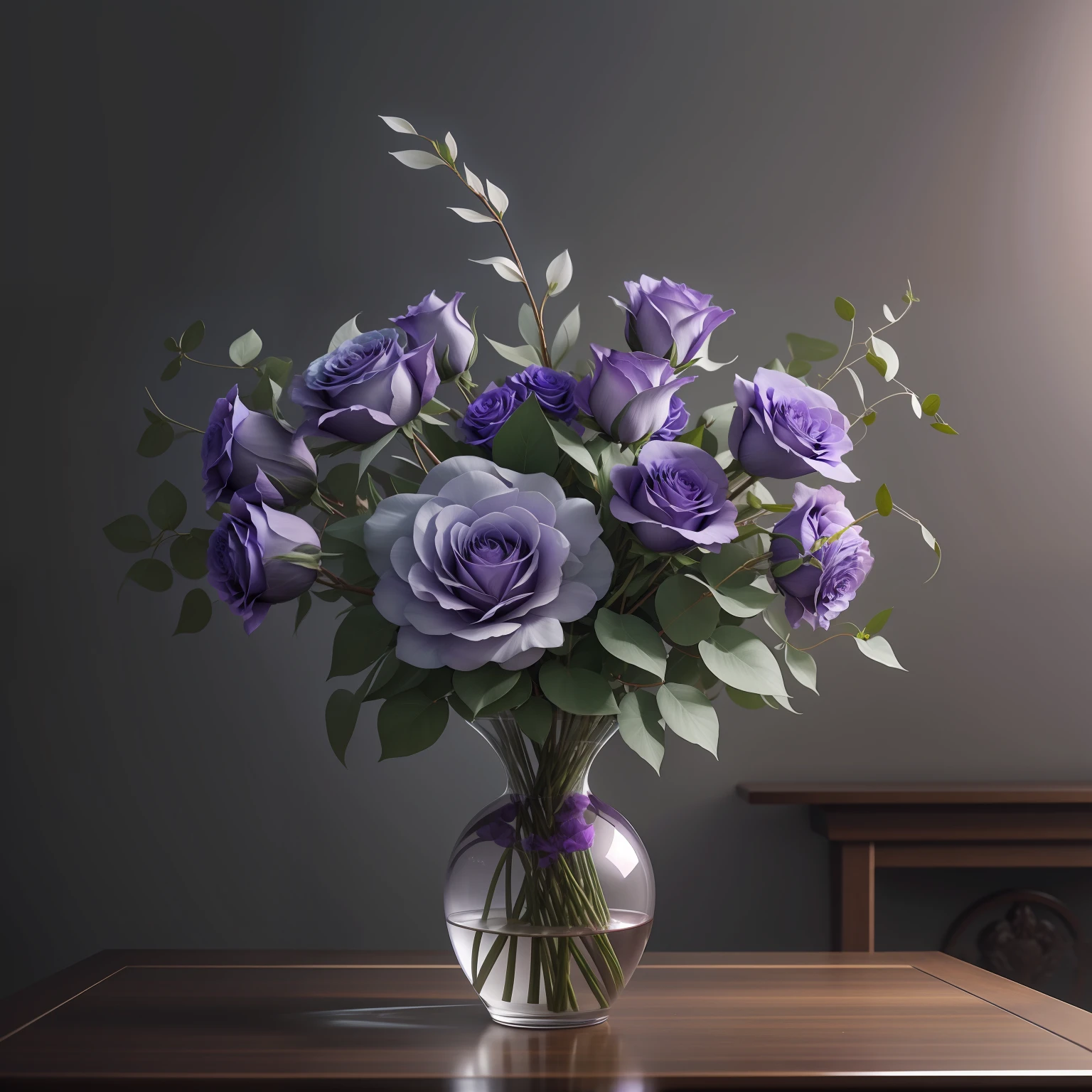 Purple roses,Black iris,Grey weeping willow leaves,Form a flower arrangement,photorealestic,Artistically