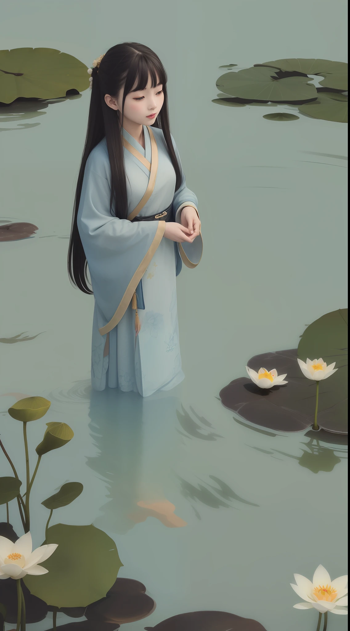 ((4k,masterpiece,best quality)), shuimobysim, traditional chinese ink painting, lotus, hanfu, maxiskit, dress conservatively 1girl, solo, long blue hair, smile, standing, feet in the water, barefoot,