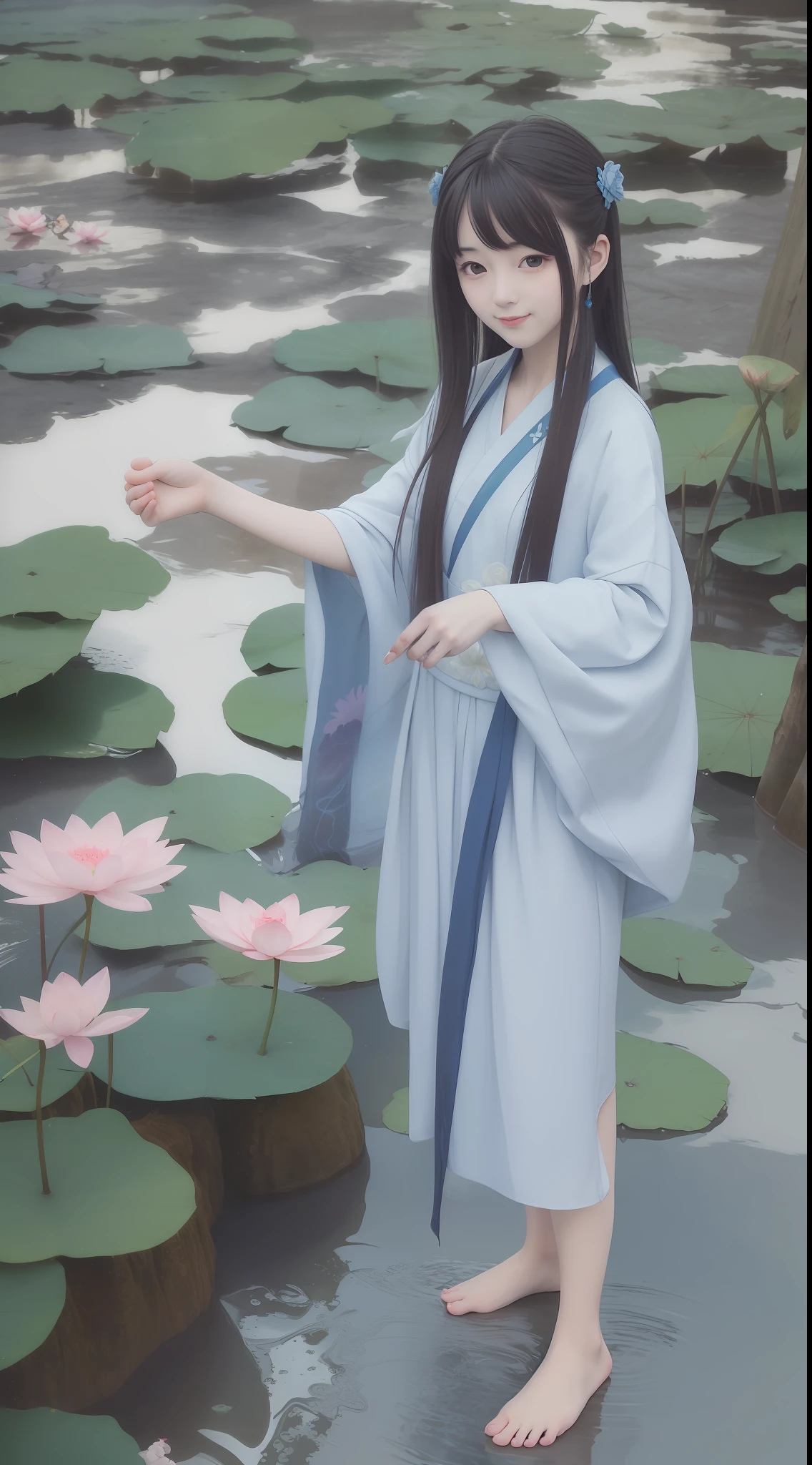 ((4k,masterpiece,best quality)), shuimobysim, traditional chinese ink painting, lotus, hanfu, maxiskit, dress conservatively 1girl, solo, long blue hair, smile, standing, feet in the water, barefoot,