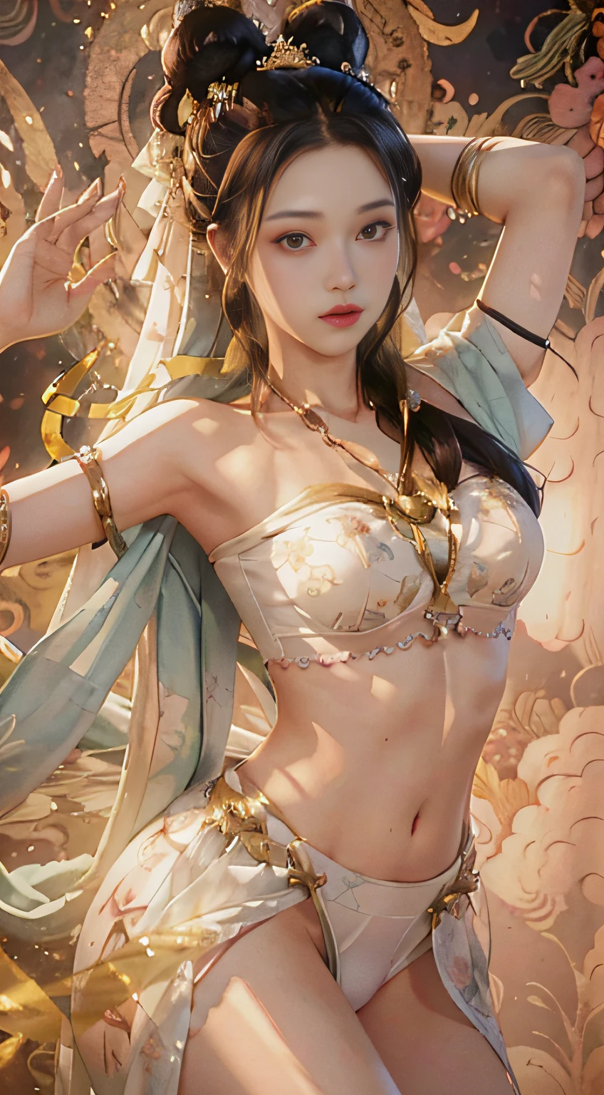 (hyperrealistic), (illustration), (high resolution), (8K), (extremely detailed), (best illustration), (beautiful detailed eyes), (best quality), (super detailed), (masterpiece), (wallpaper), (detailed face), solo, (dynamic pose), 1girl, white off-the-shoulder shirt with sexy super short yoga pants, bare shoulders, blooming flower field, glowing skin, light smile, camel toe, (no panties), (no bra)