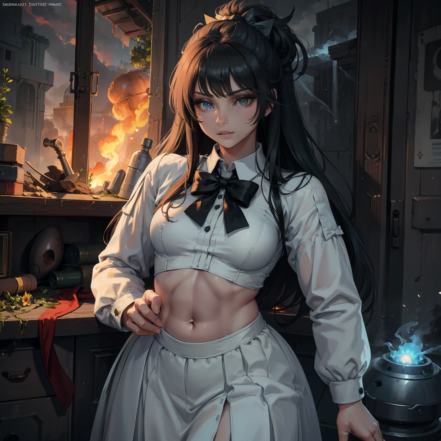 masterpiece,best quality, illustration,{beautiful detailed girl},beautiful detailed glow,(flames of war:1.2),(nuclear explosion behide:1.3),rain,detailed lighting,detailed water,(beautiful detailed eyes:1.1),expressionless,palace,azure hair,disheveled hair,long bangs,hairs between eyes,(whitegrey dress:1.1),black ribbon,white bowties,midriff,big forhead,blank stare,flower,long sleeves