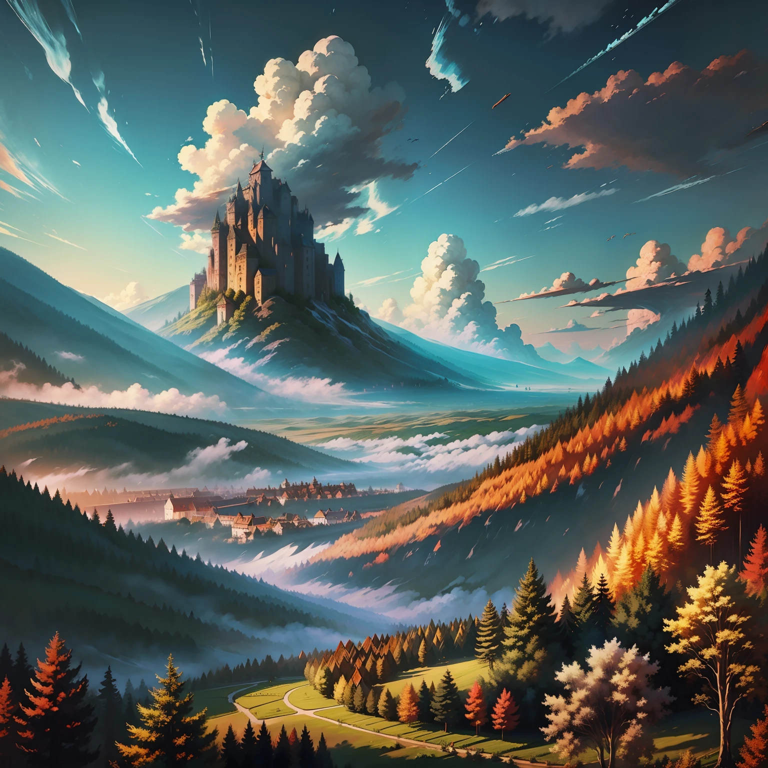 landscape, forest, village, well, sky, clouds