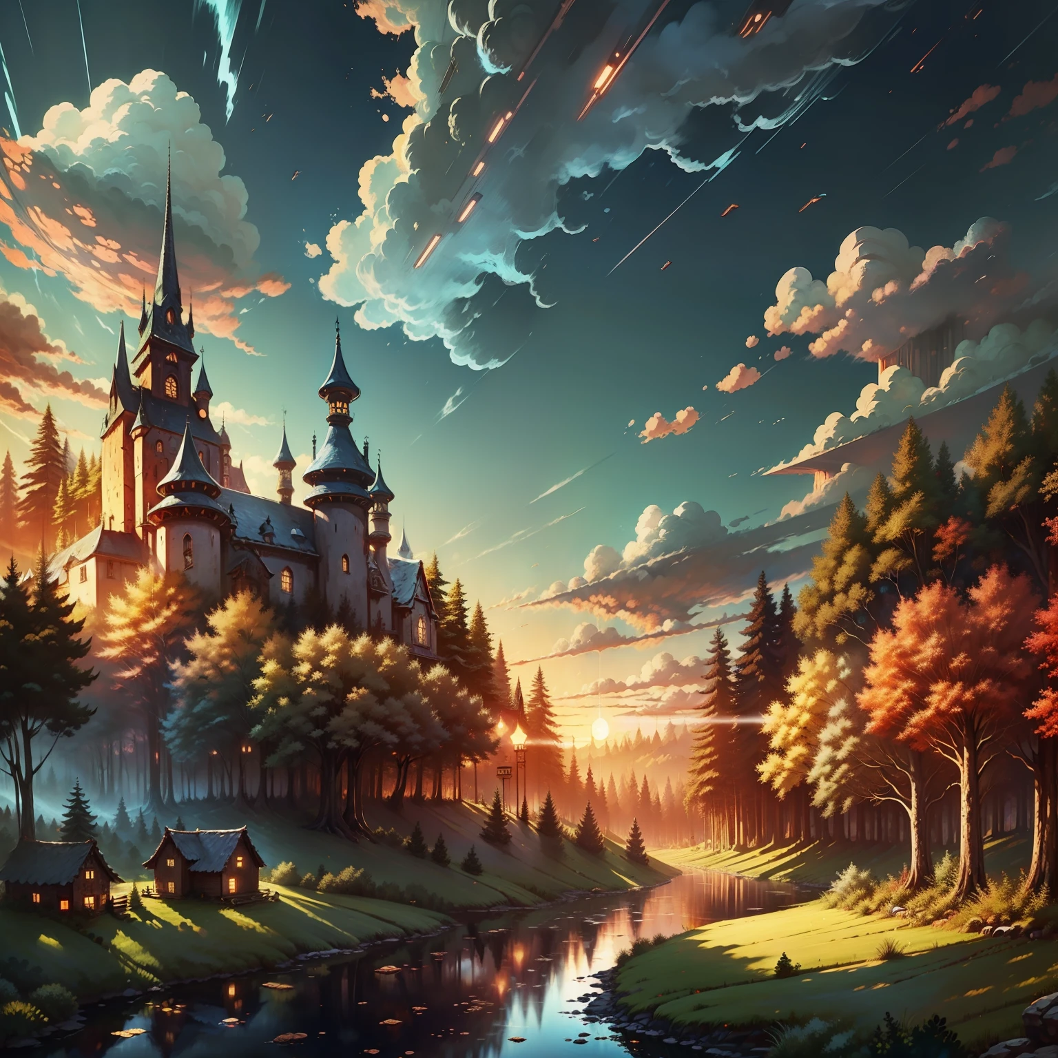 landscape, forest, village, well, sky, clouds
