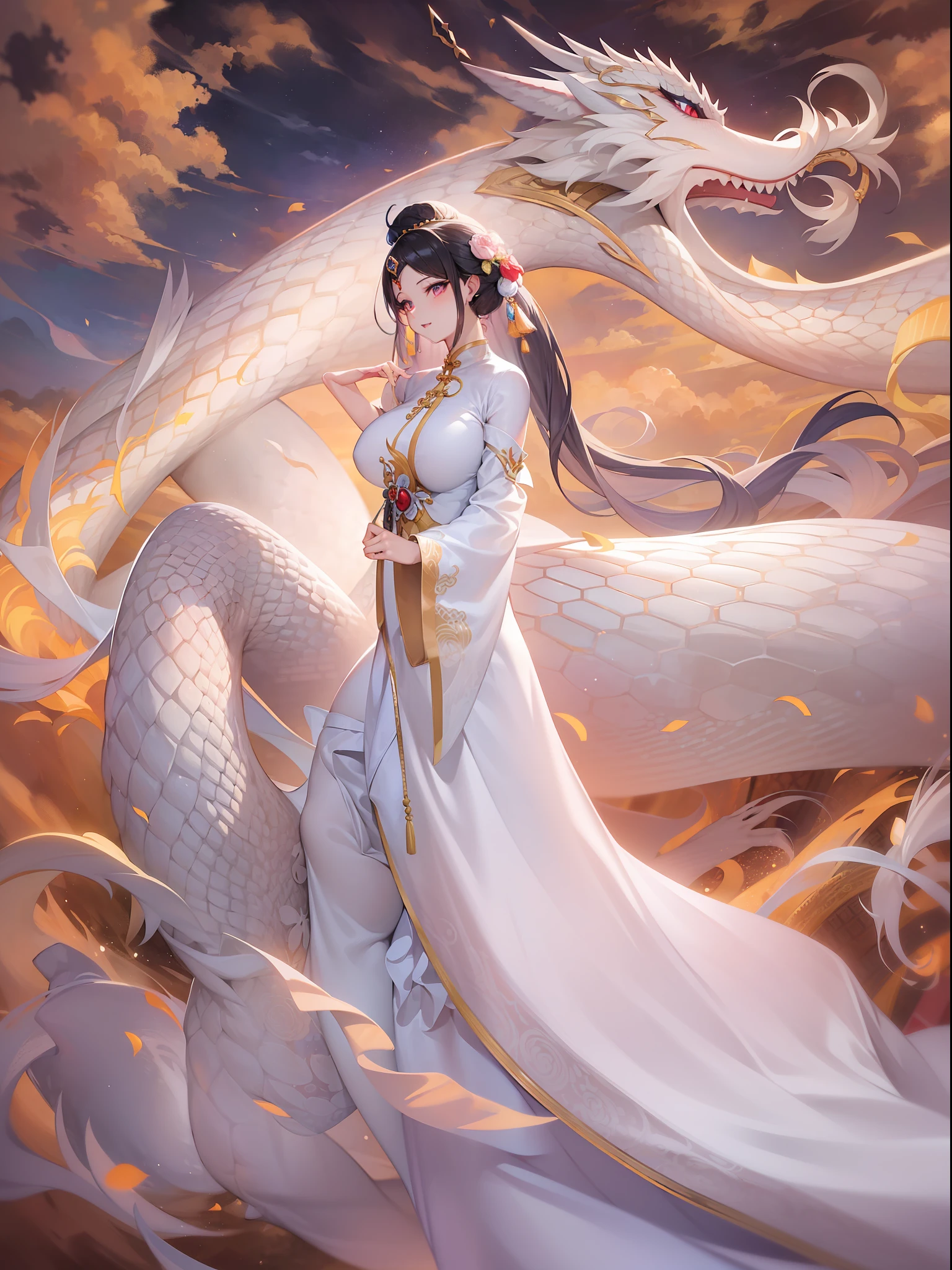 In the captivating image、Elegant woman in white cheongsam、Glide through the skies over a mythical Chinese dragon。When They Cross the Heavens、Her flowing gown and iridescent scales of a dragon are、Creates a mesmerizing vision of harmony and otherworldly beauty。It is a transcendent huge huge hugehuge breast。
HDR、(photorealisim、Masterpiece quality、top-quality)、、pureerosface_v1、ulzzang -6500-v1.1,、