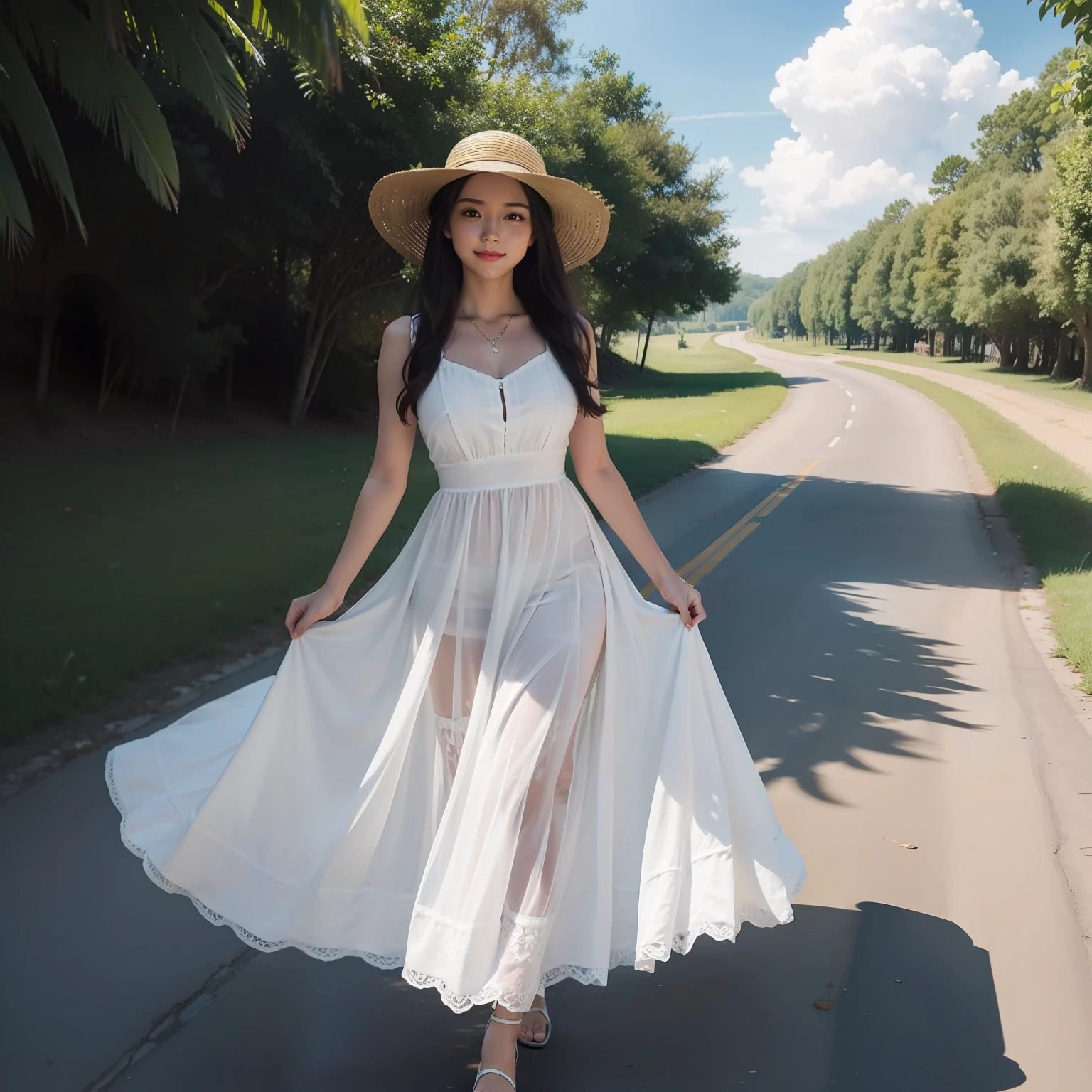 Walk on country roads，sunhat，white dresses，ssmile，Hold ice cream in your mouth，Warm sun，Super detail，Masterpiece，Anatomically correct，Super detail，Super detail，High details，High quality，surrealism，panorama，Long hair