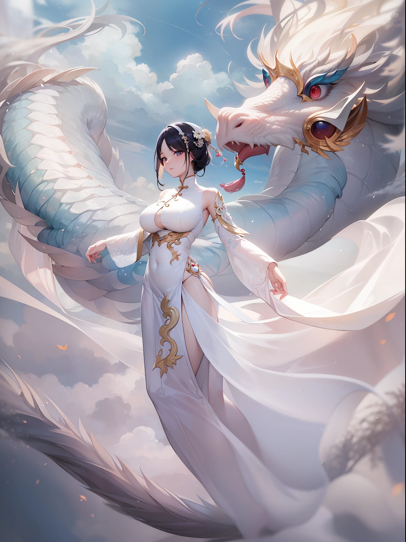 In the captivating image、Elegant woman in white cheongsam、Glide through the skies over a mythical Chinese dragon。When They Cross the Heavens、Her flowing gown and iridescent scales of a dragon are、Creates a mesmerizing vision of harmony and otherworldly beauty。It is a transcendent huge huge hugehuge breast。
HDR、(photorealisim、Masterpiece quality、top-quality)、、pureerosface_v1、ulzzang -6500-v1.1,、