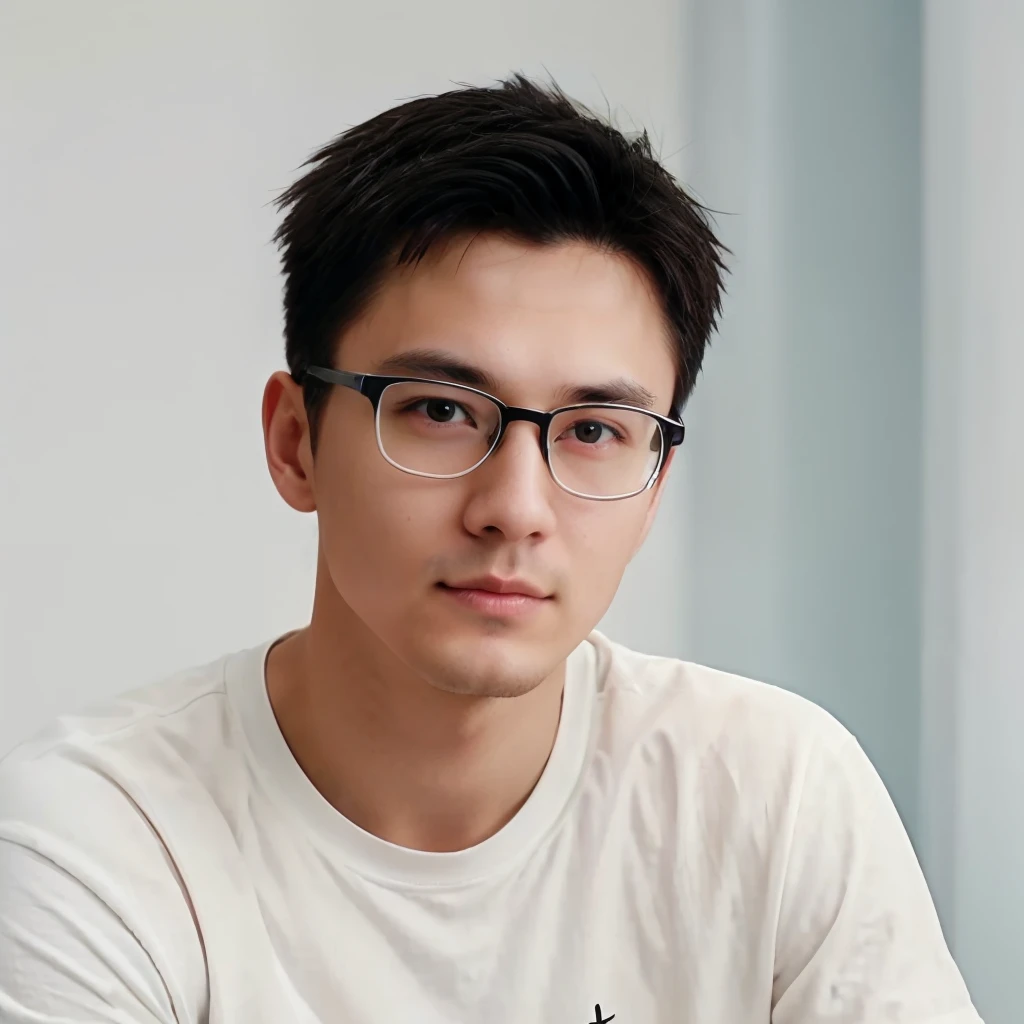 1人, 27years old，Sven is beautiful and lovely，short eyebrows，Evil style, Wear a white T-shirt，Wear round-rimmed glasses, upperbody closeup, Soft lighting, Masterpiece level, Top quality, 8k ultra high definition, DSLR camera effect, filmgrain