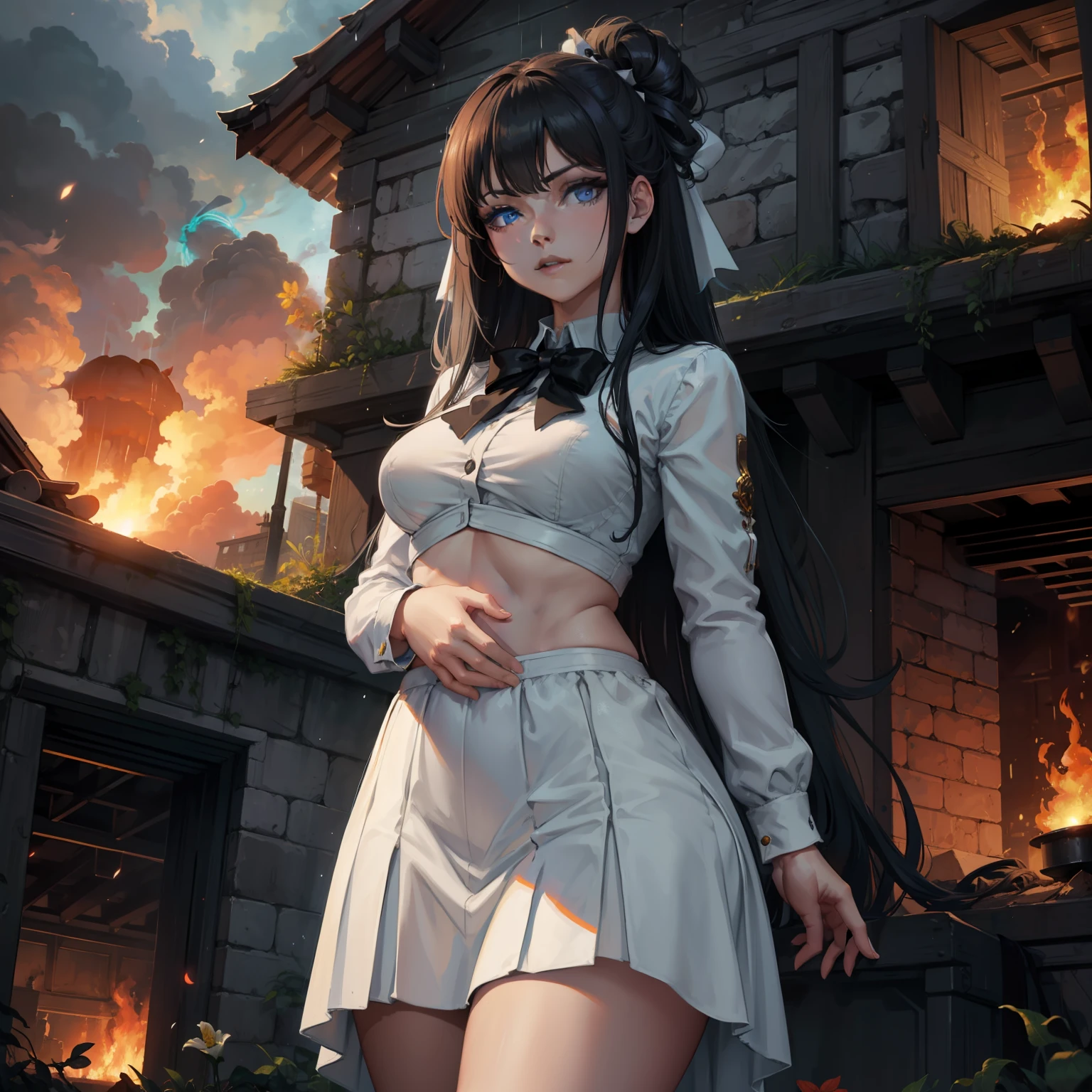masterpiece,best quality, illustration,{beautiful detailed girl},beautiful detailed glow,(flames of war:1.2),(nuclear explosion behide:1.3),rain,detailed lighting,detailed water,(beautiful detailed eyes:1.1),expressionless,palace,azure hair,disheveled hair,long bangs,hairs between eyes,(whitegrey dress:1.1),black ribbon,white bowties,midriff,big forhead,blank stare,flower,long sleeves