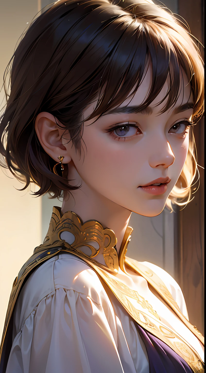 (airport:1), PM, (Purple Gown:1), Golden Fringe Shorthair, Light brown eyes, 1girl in, 20yr old, Innocence, (Photorealsitic), (intricate-detail:1.2),(masterpiece, :1.3),(top-quality:1.4), (超A high resolution:1.2), 超A high resolution, (A detailed eye), (detailed facial features), nffsw, 8K分辨率, (lensflare:0.7), Looks Back, Busy with inspection reports,