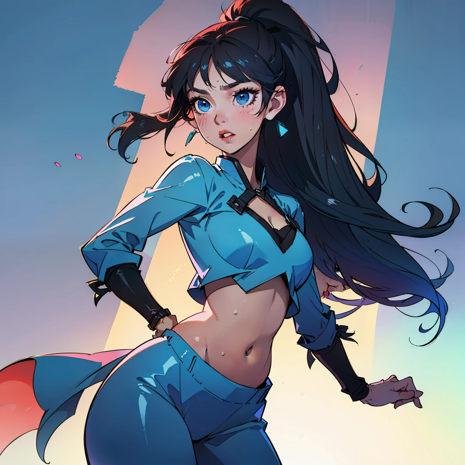 (masterpiece:1.2, best quality:1.2, beautiful, high quality, highres:1.1, aesthetic), detailed, extremely detailed, ambient soft lighting, 4K, perfect eyes, perfect face, perfect lighting, chubby girl, 1girl, blue eyes, blush, breasts, dark-skinned female, dark skin, female pubic hair, large areolae, long hair, navel, , , ponytail, pubic hair, simple background, solo, sweat, thighs, plump, big belly,