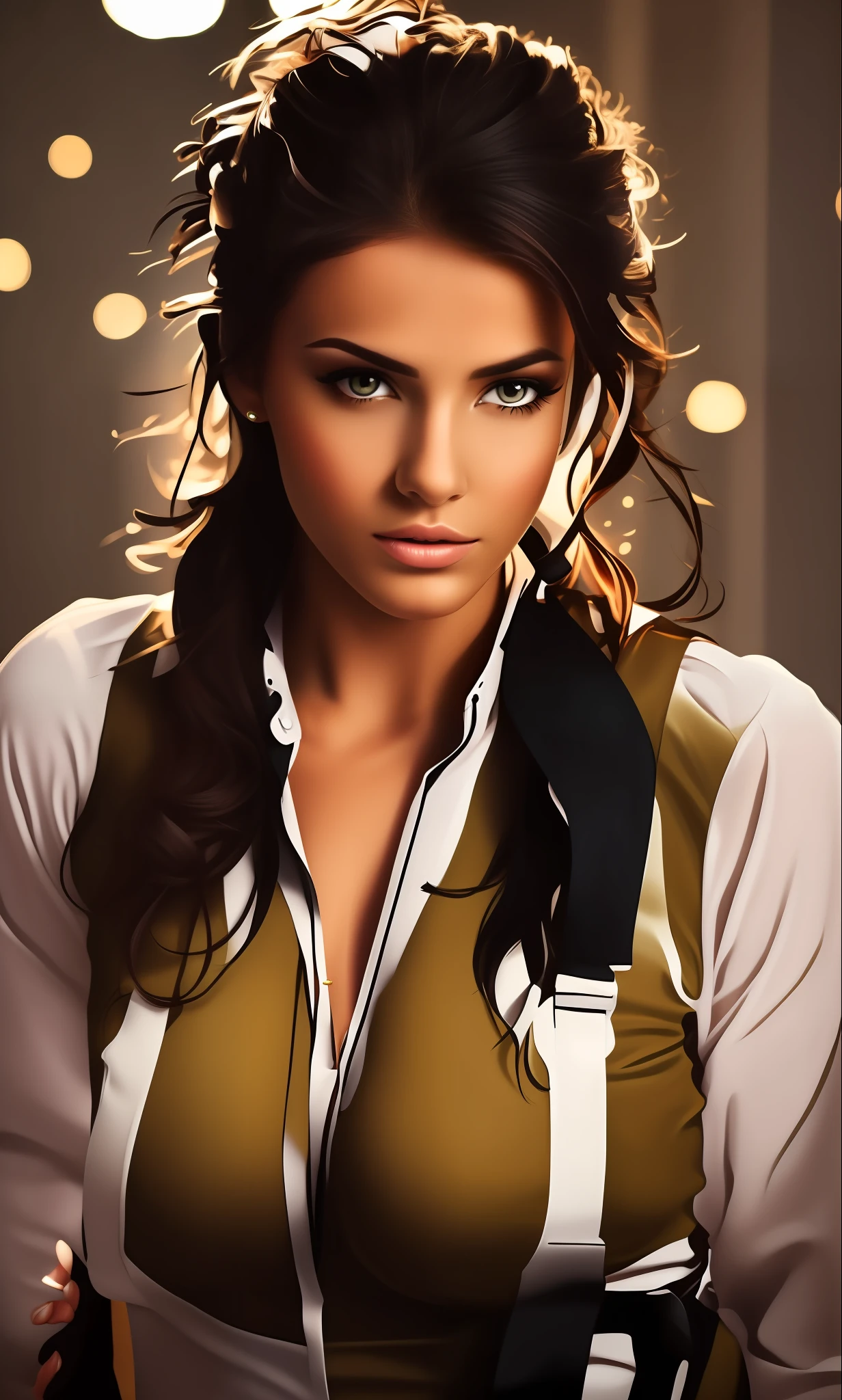 Beautiful girl, military dress, cleavage showing