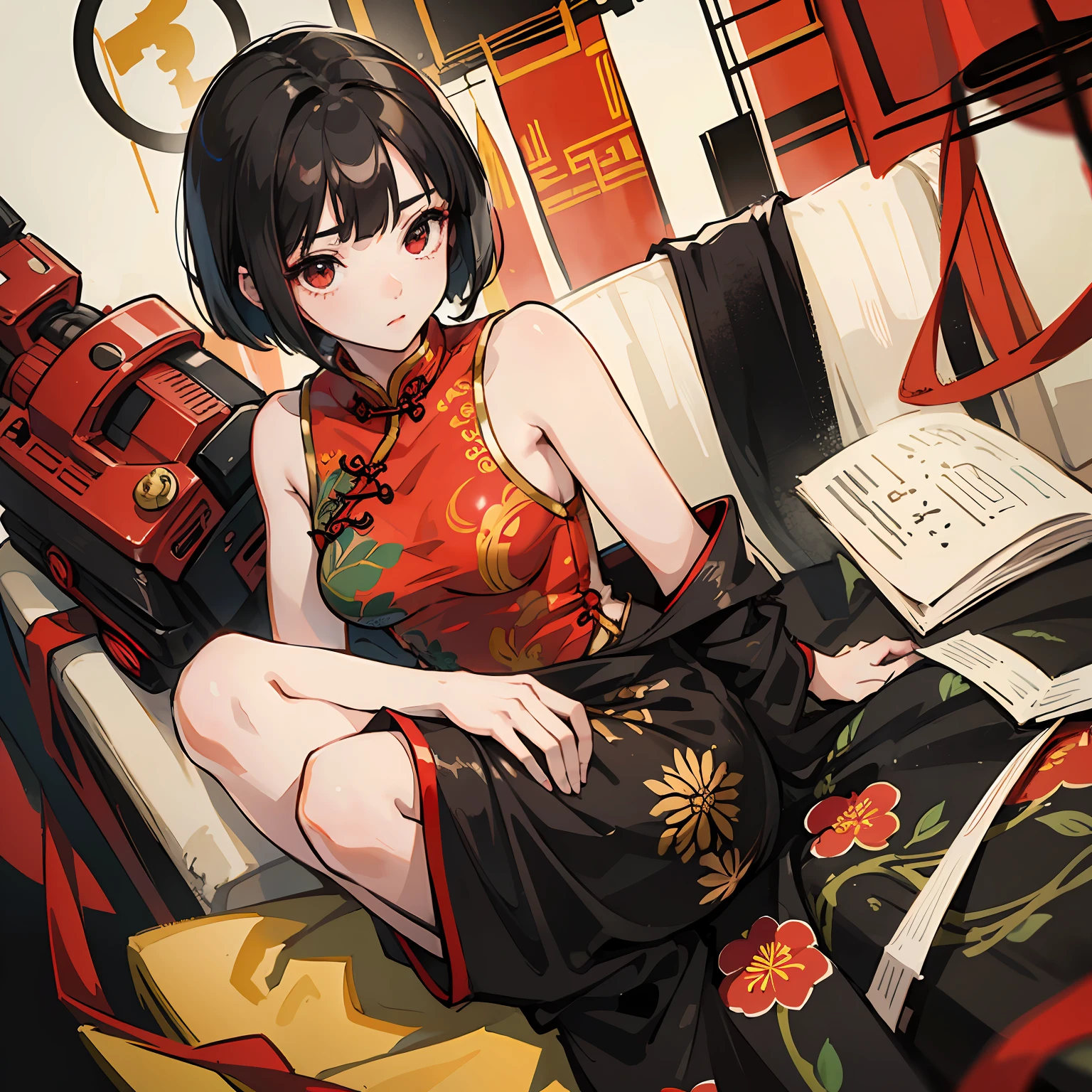 ((Masterpiece)),((Best quality))),woman,, Black hair, a short bob, , black and red cheongsam, Stylish, --auto --s2