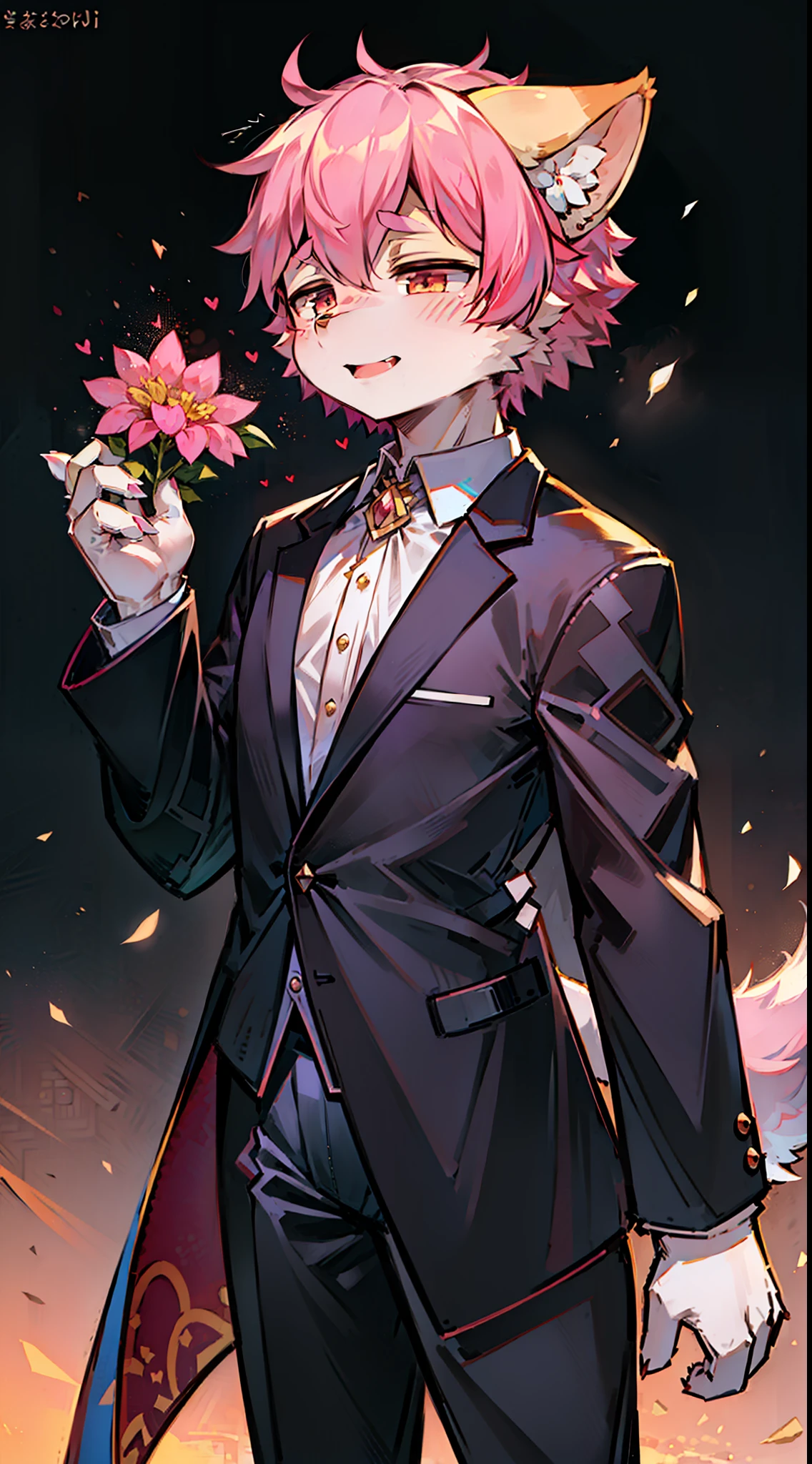 （1boys：1.3），neko boy，（shaggy：1.5），Holding a flower in his hand，Squint，Pink hair，bodyfur，hyper cute face，Beautiful light and shadow，ambient lights，Ultra-detailed fur，full bodyesbian， lighting perfect， light particules， （tmasterpiece）， （ultra - detailed）， Sharp focus， light particules， niji， Blushlush， The color hair， short detailed hair，  ssmile， 独奏， ssmile， 独奏， hairy pubic， Animal ear villi， Open your clothes， coda， with her mouth open， depth of fields， （best qualtiy） JW3，（Chinese art），The background of the suit is a burning manor，