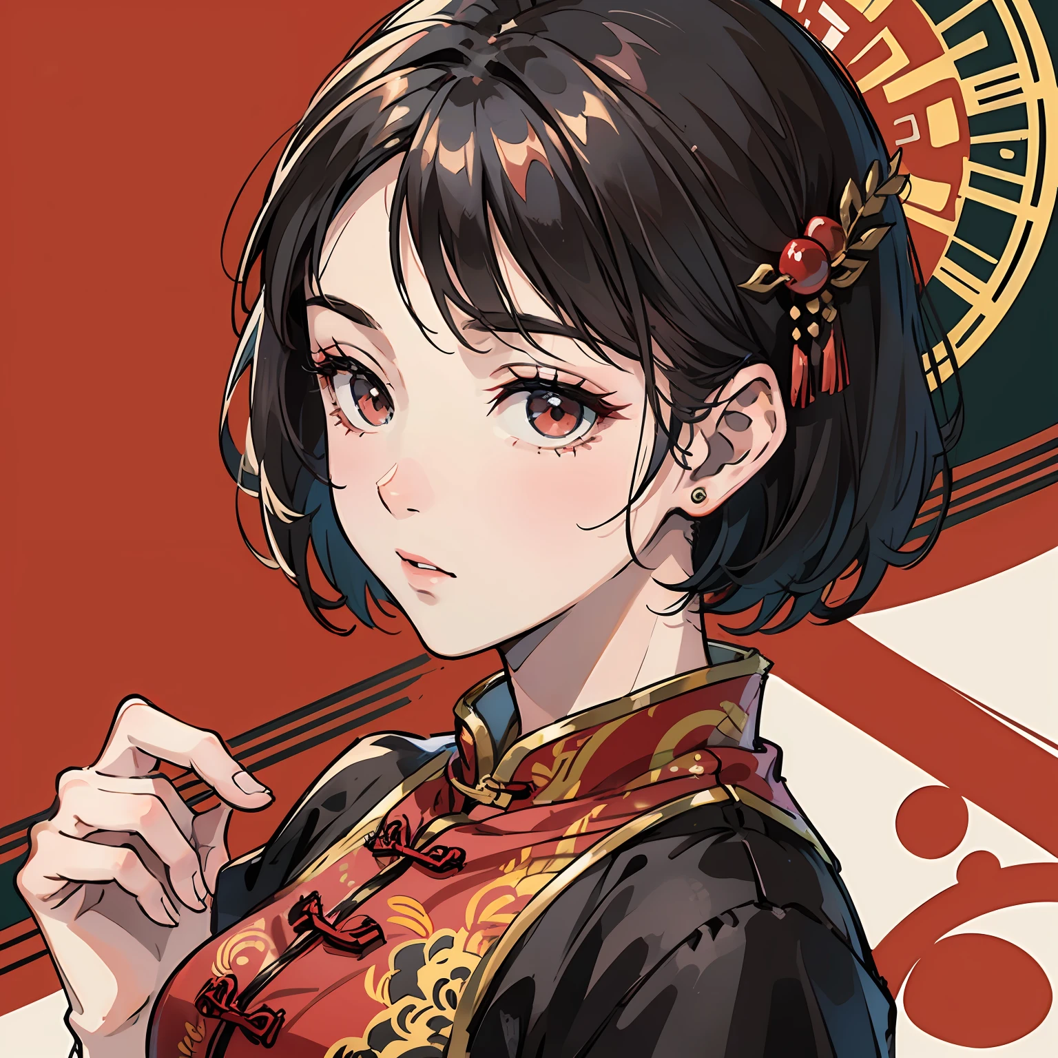 ((Masterpiece)),((Best quality))),woman,, Black hair, a short bob, , black and red cheongsam, Stylish, --auto --s2