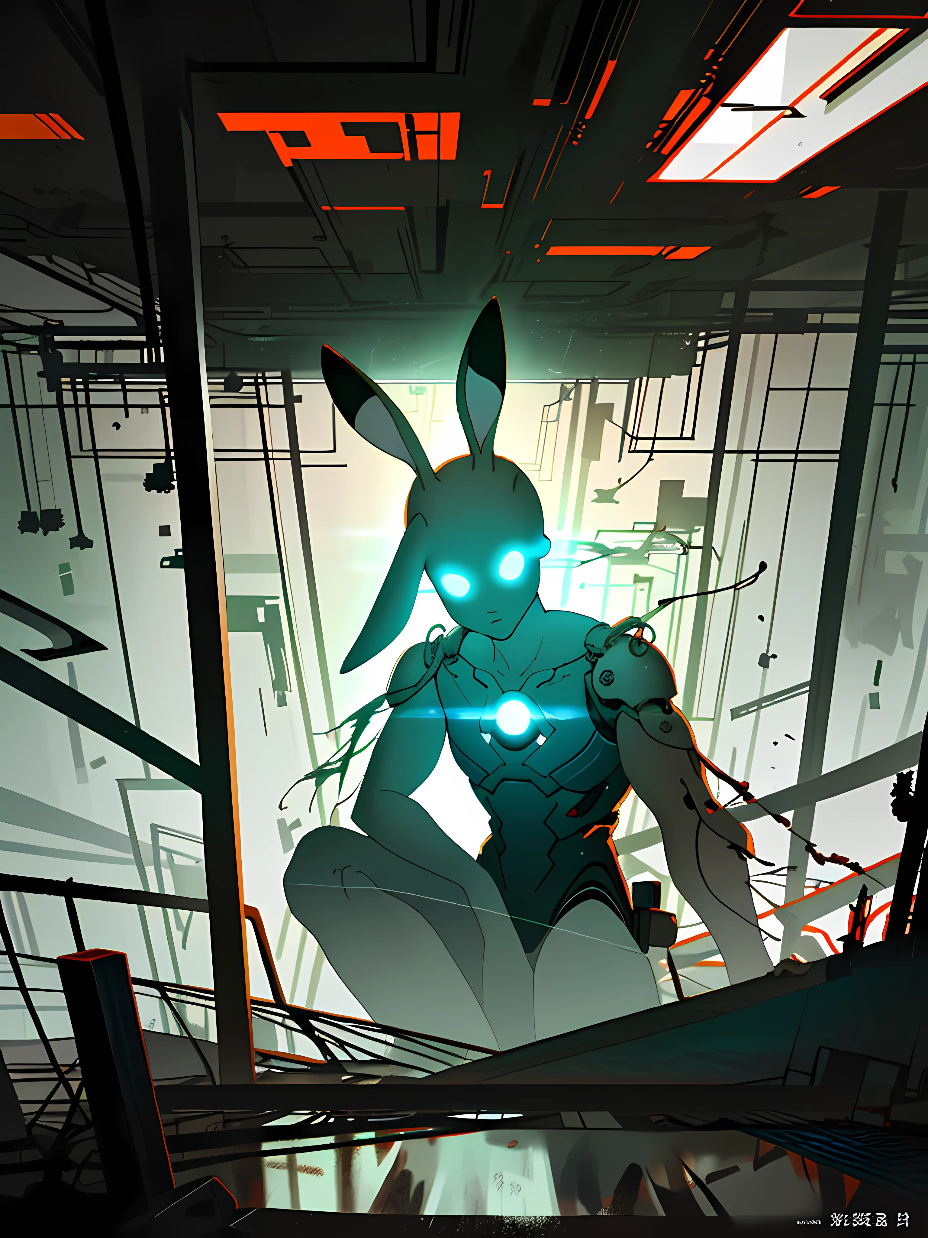 (blame! style abandoned tech landscape), (Zen, Amy Sol style), (underground, dark, foggy, perilous, abandoned dystopian apartment bedroom, deep windows), (abstract anthro rabbit figure wearing bunny ears), cover art with light abstraction, abstract, simple vector art, contemporary Cybernetic art, color gradients, soft color palettes, layered forms, whimsical animation, style Ethereal abstract, 4K, --v6