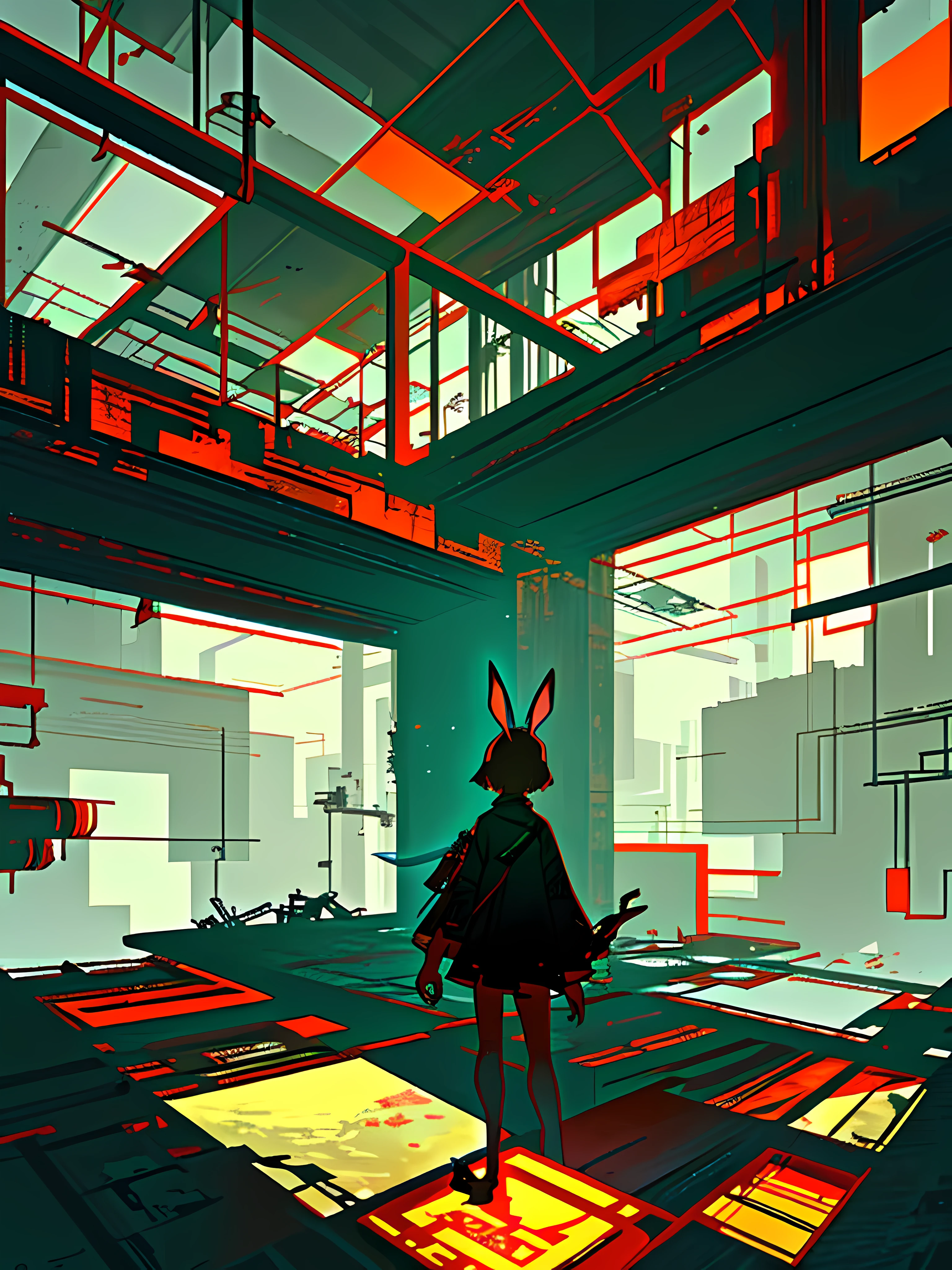 (blame! style abandoned tech landscape), (Zen, Amy Sol style), (underground, dark, foggy, perilous, abandoned dystopian apartment bedroom, deep windows), (abstract anthro rabbit figure wearing bunny ears), cover art with light abstraction, abstract, simple vector art, contemporary Cybernetic art, color gradients, soft color palettes, layered forms, whimsical animation, style Ethereal abstract, 4K, --v6