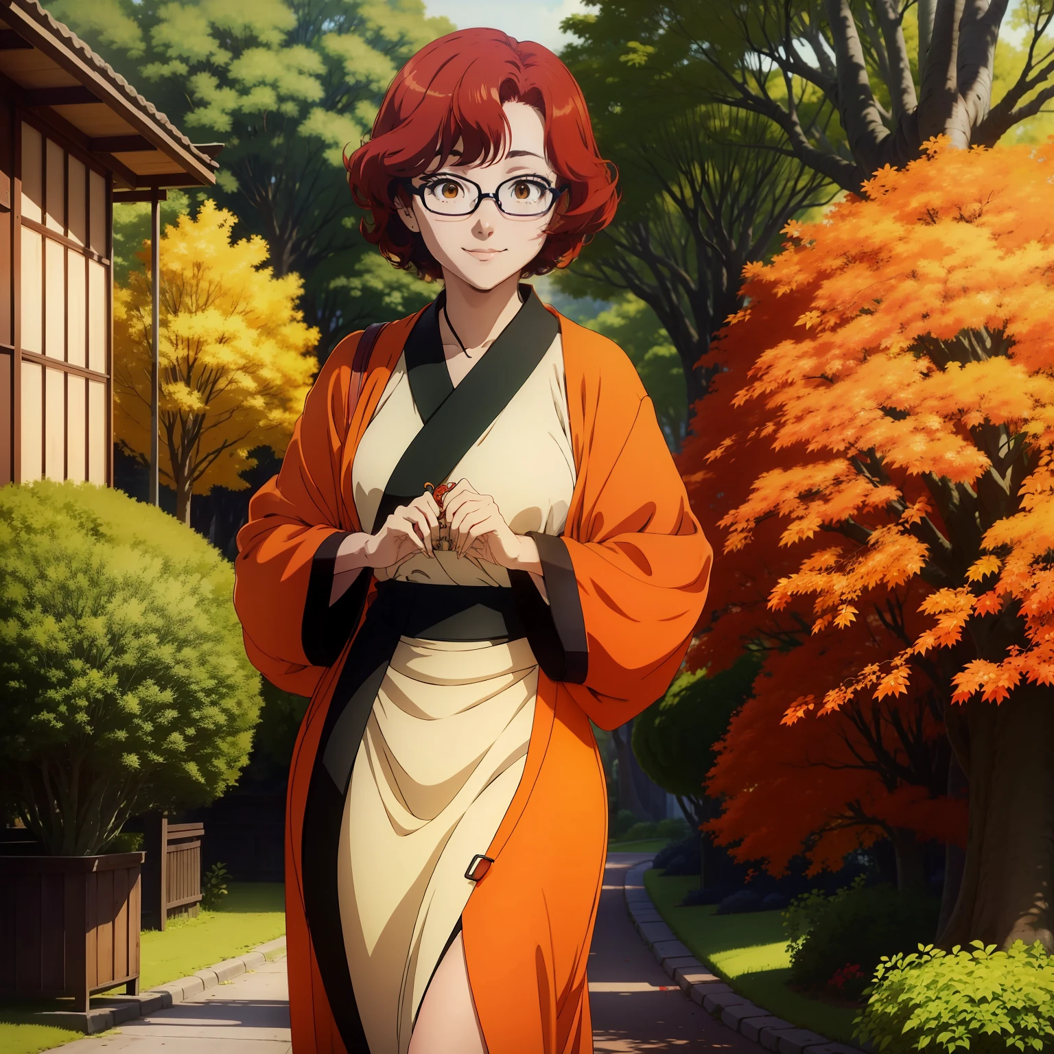 1 Anime girl, short hair, glasses, red hair, teen, orange kimono pattern mapple leaf , good anatomy, hair pin, full body, under mapple tree, smile,