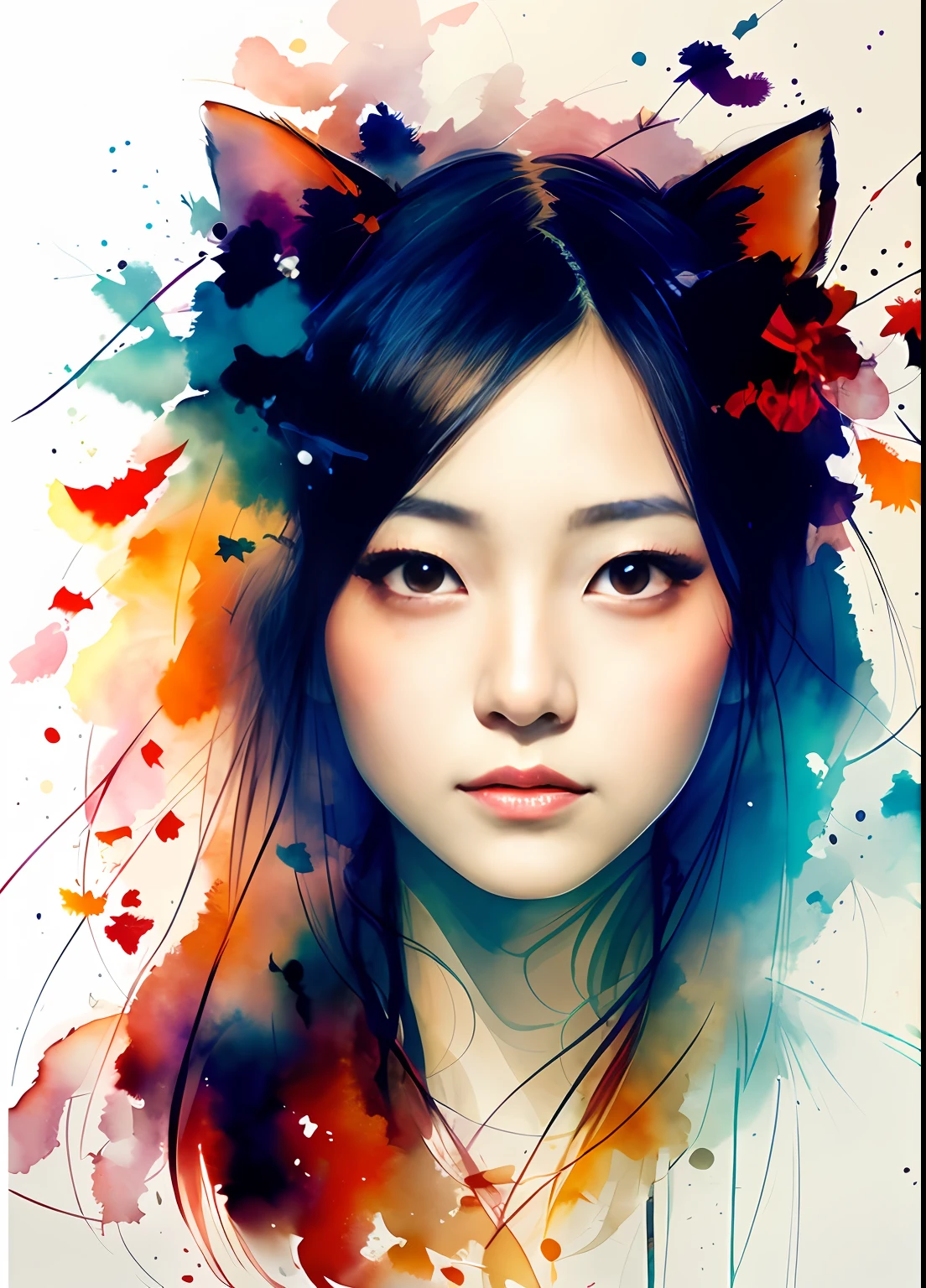 A painting by MSE, A Chinese Woman by Agnes Cecile，（face like fox），Luminous design，pastelcolor，Ink drops，Autumn lights