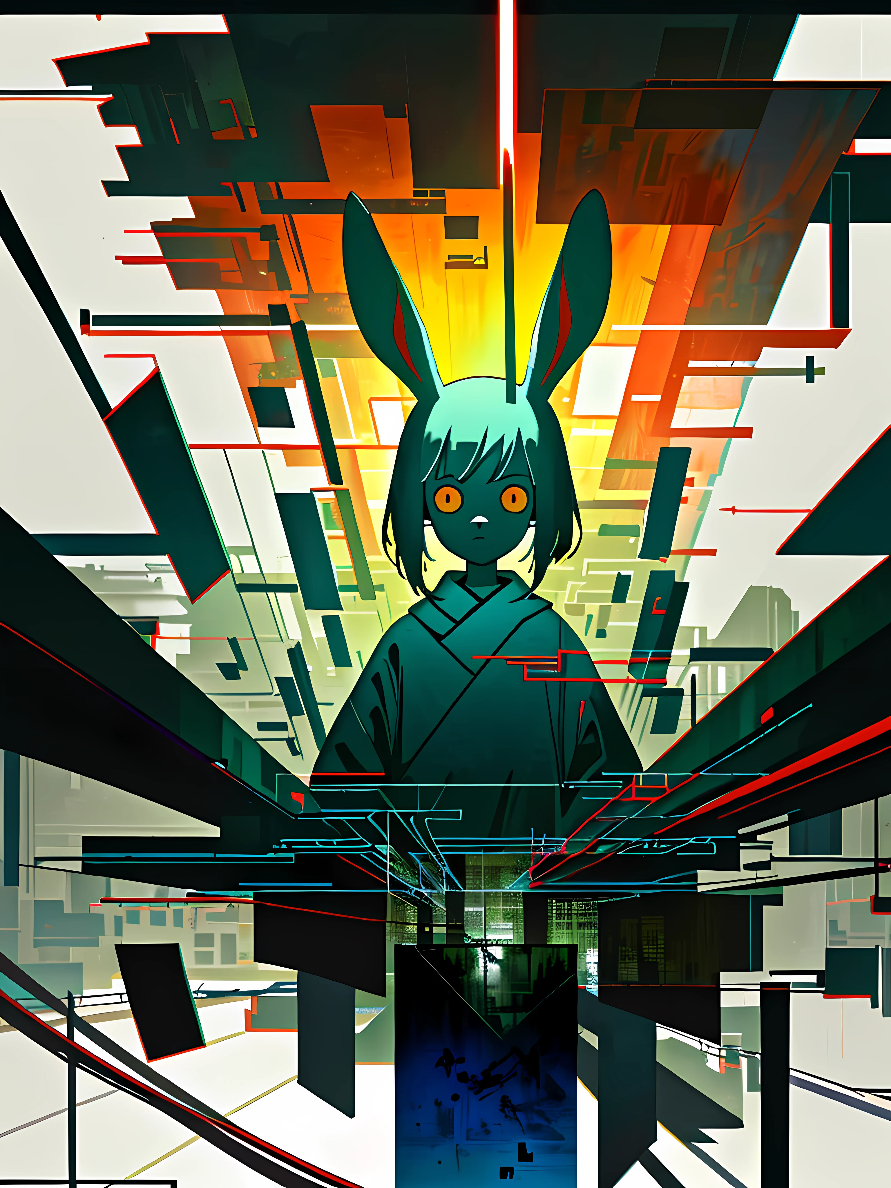 (blame! style abandoned tech landscape), (Zen, Amy Sol style), (underground, dark, foggy, perilous, abandoned dystopian apartment bedroom, deep windows), (abstract anthro rabbit figure wearing bunny ears), cover art with light abstraction, abstract, simple vector art, contemporary Cybernetic art, color gradients, soft color palettes, layered forms, whimsical animation, style Ethereal abstract, 4K, --v6
