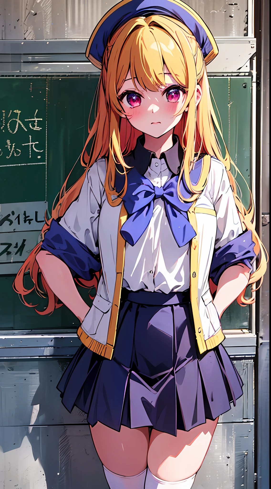 The main girl is beautiful and cute, traditional uniform, neat and clean coordination, "neat and bright uniform coordination", full body, full body illustration, best illustration, realistic and elaborate uniform, high school uniform, elementary school student, ((highest quality)), ((masterpiece)), (detail: 1.4), anatomical, award-winning concept art, beautiful, fine details, portrait, look viewer, (full body display)), 1 girl, full body, solo, 6 years old, elementary school student, child actor, golden hair, blonde, semi-long hair, red and pink eyes, big eyes, the pupil of the left eye is star-shaped, characteristic left eye pupil, left eye pupil clear, left eye pupil detailed, cute underwear, panties, long skirt, silk material panties, wet shirt, wet clothes, skirt lift, blush, classroom, navel out, clothes lift, simple background, lifting clothes, white shirt, uniform, blazer, Japan cute uniform, look away, short sleeves, loli, elementary school, main girl beautiful and cute, loli, baby face, cute, young, young, young, young appearance, fantastic visual depiction, professional effect, beautiful girl, petite girl, sweaty transparent clothes, uneven, absurd, uneven, As for uniforms, along with the girls' school, it is the oldest girls' school Japan based on Christianity, "very cute with traditional uniforms", "very cute sailor uniforms for both summer and winter clothes", heel-up loafers, golden hair, traditional uniforms, neat and clean coordination, "In line with our school's educational policy of aiming to "nurture independent women", the uniform expresses the beauty of intelligent and dignified women. I'm proud of the school", the main girl is beautiful and cute