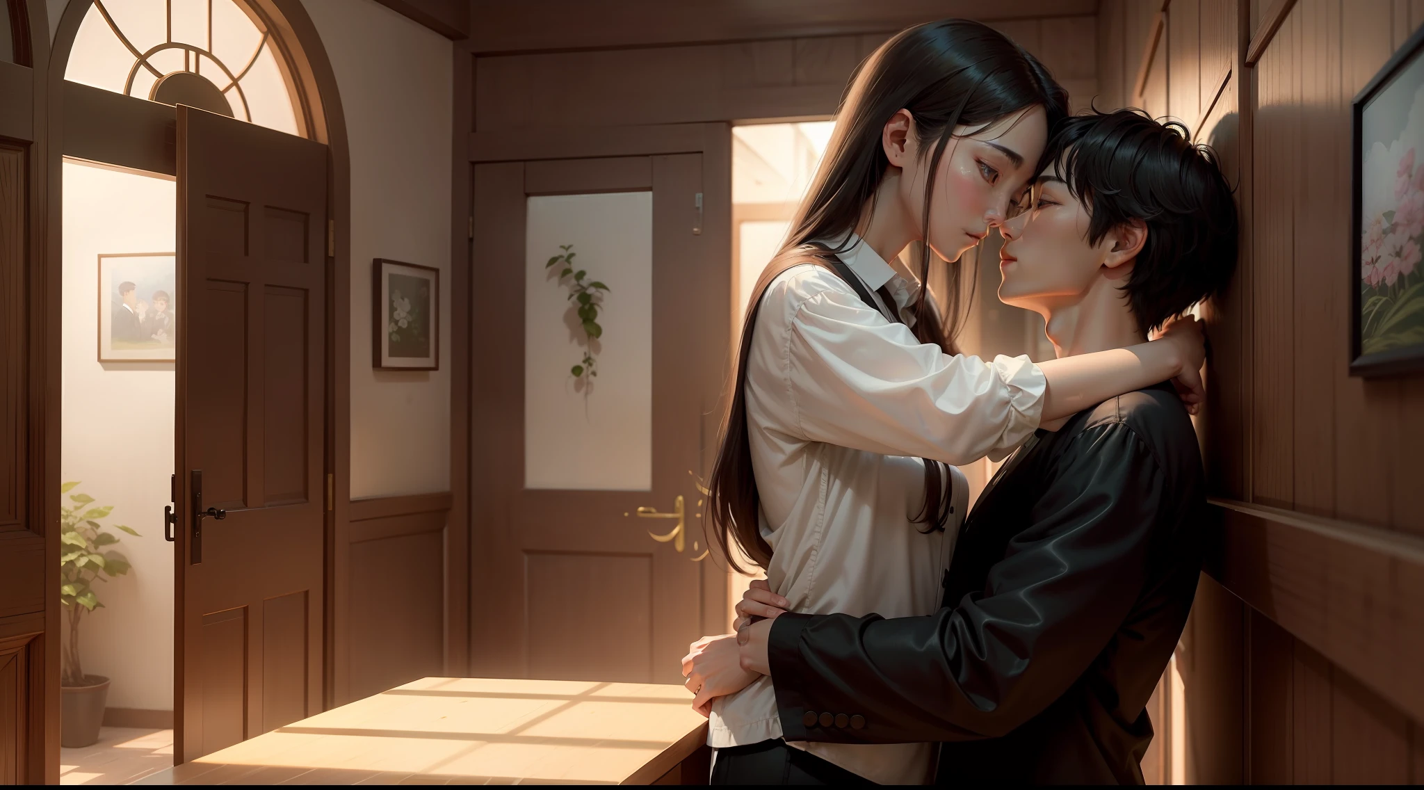 hal:
Nini(annie):Illustrator,Probably one of the protagonists。
Chen Tao:Annie's boyfriend,Probably one of the protagonists。
Mother Chen:An old man who expresses his love and blessings for Nini。
Scenes:
Scenario one:It may be a family gathering or a formal occasion,Nini and Chen Tao face Mother Chen。
Scenario two:Chen Tao walked between Mother Chen and Nini,Express his feelings for both women in a hug。