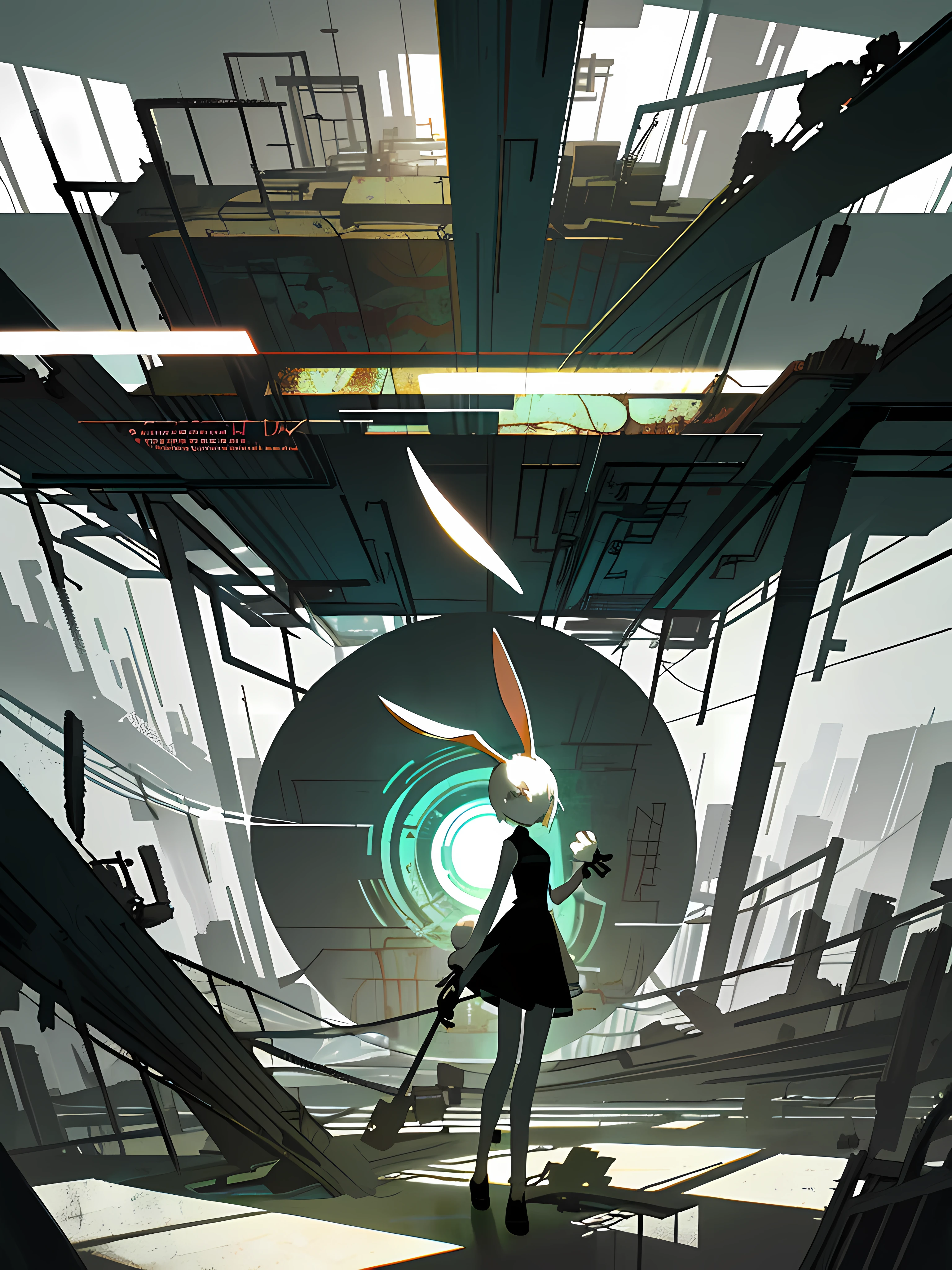 (blame! style abandoned tech landscape), (Zen, Amy Sol style), (underground, dark, foggy, perilous, abandoned dystopian apartment bedroom, deep windows), (abstract anthro rabbit figure wearing bunny ears), cover art with light abstraction, abstract, simple vector art, contemporary Cybernetic art, color gradients, soft color palettes, layered forms, whimsical animation, style Ethereal abstract, 4K, --v6