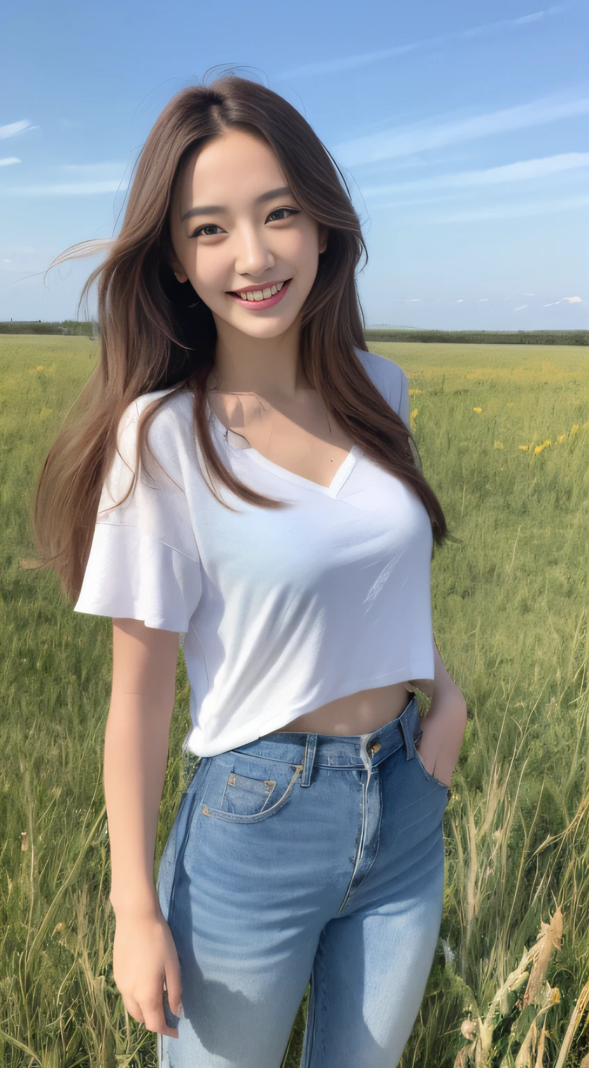 ((midynight, Need, 8K, tmasterpiece:1.3)),((Young fashion woman wearing white short sleeves and jeans)) full bodyesbian,(standing on your feet:1.2) Long legs, Focalors:1.2, perfect figure beautiful woman:1.4, Slim abs:1.1, ((Dark brown hair, huge tit:1.2 )), ((Prairie scenery, blue-sky:1.3)), Highly detailed full-body shots, A detailed eye, 二重まぶた,Flying long hair,cheerful grin