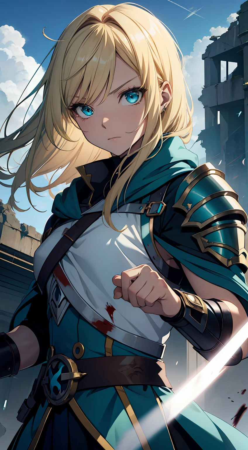 anime girl, blond, teal eyes, cloak, epic lighting, armor, futuristic, fighting, metal bracelets, bracers, injured, blood, muscles, metal plating, serious, dynamic pose, medic, ruins background, war, magic bracelets, magic, glows, long hair, details