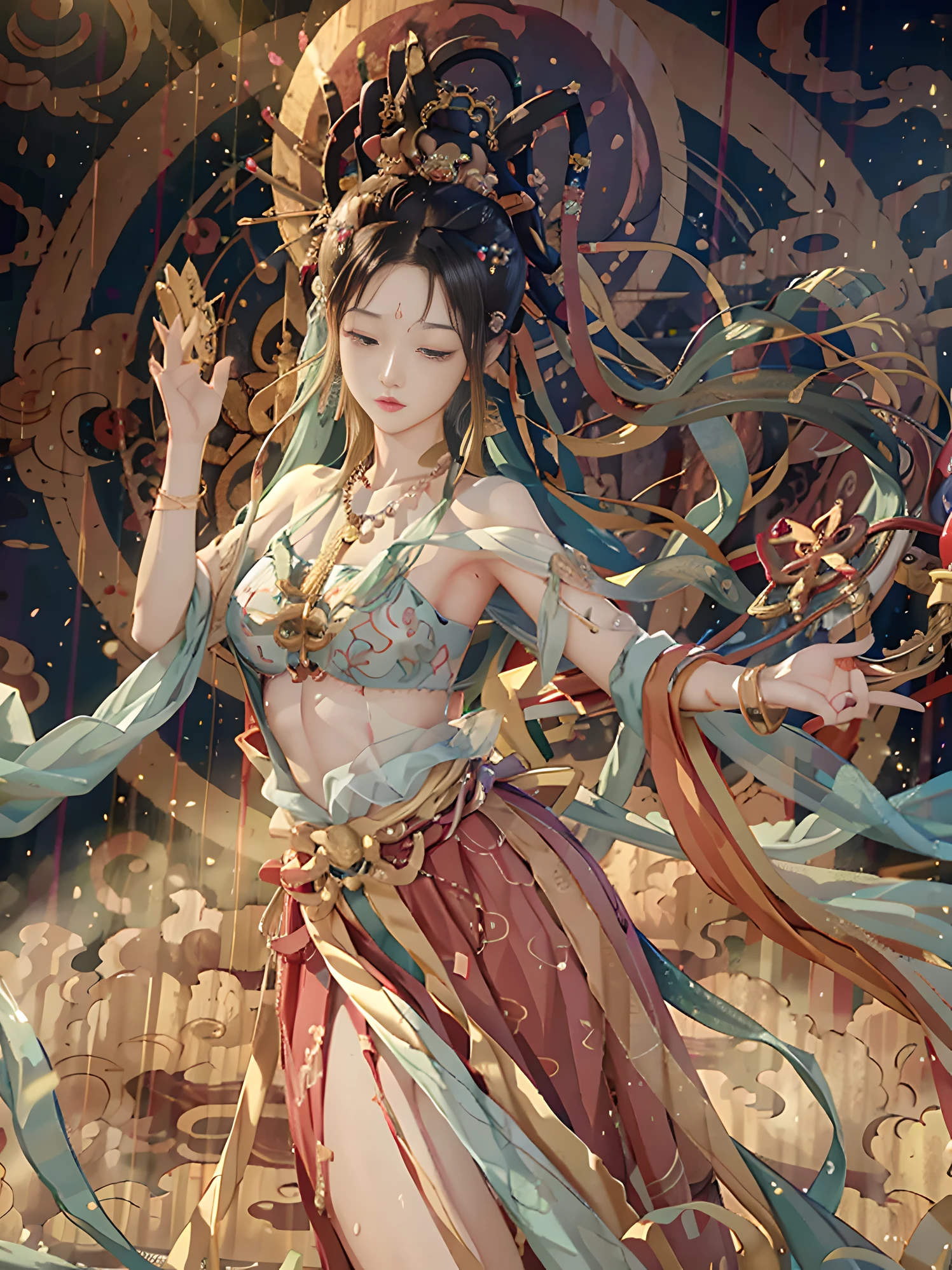 （8k， RAW photos， best qualtiy， tmasterpiece：1.2）， （realisticlying， photograph realistic：1.4）， （Very detailed CG Unity 8k wallpaper）， （dunhuang_dress：1.2）， （1girll）， （独奏：1.1）， （full bodyesbian：1.2）， mediuml breasts， （Long floating hair）， Jewelry in hair， The is very detailed， （dance：1.4）， （Floating ribbon：1.6）， ventania， （style-swirlmagic：1.1）， （Rainbow candy：0.85）， Chinese landscape， dream magical， spectacular， （mist：1.4），solo，The right human body，((Correct hand mechanism))，Clear fingers，Five fingers，Buddhist totem background，wall paintings，Meixuantu，Bounce the lute