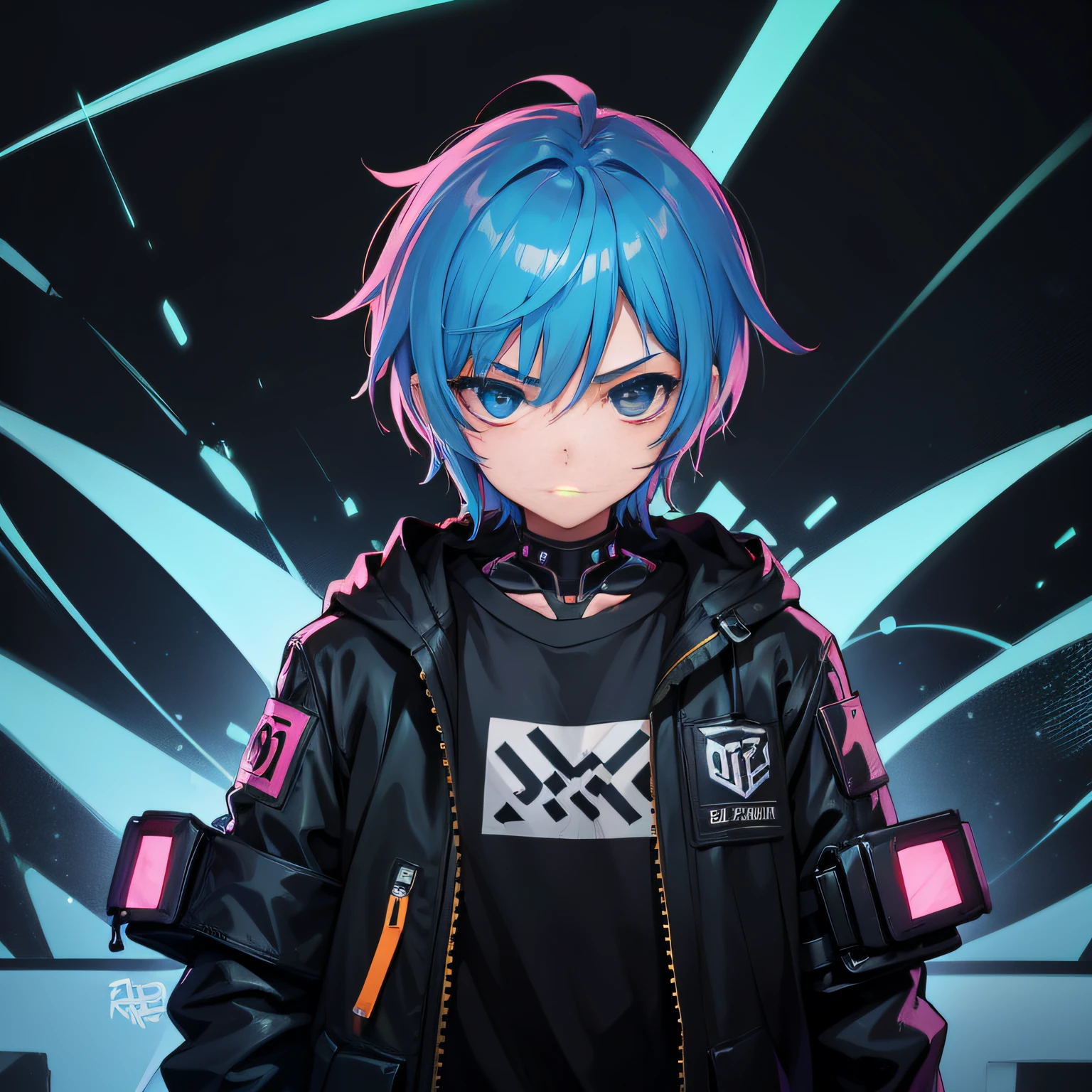 A trendy graffiti boy，The body faces the audience，tidal current，scribbles，Black background，looking at viewert，cyber punk style