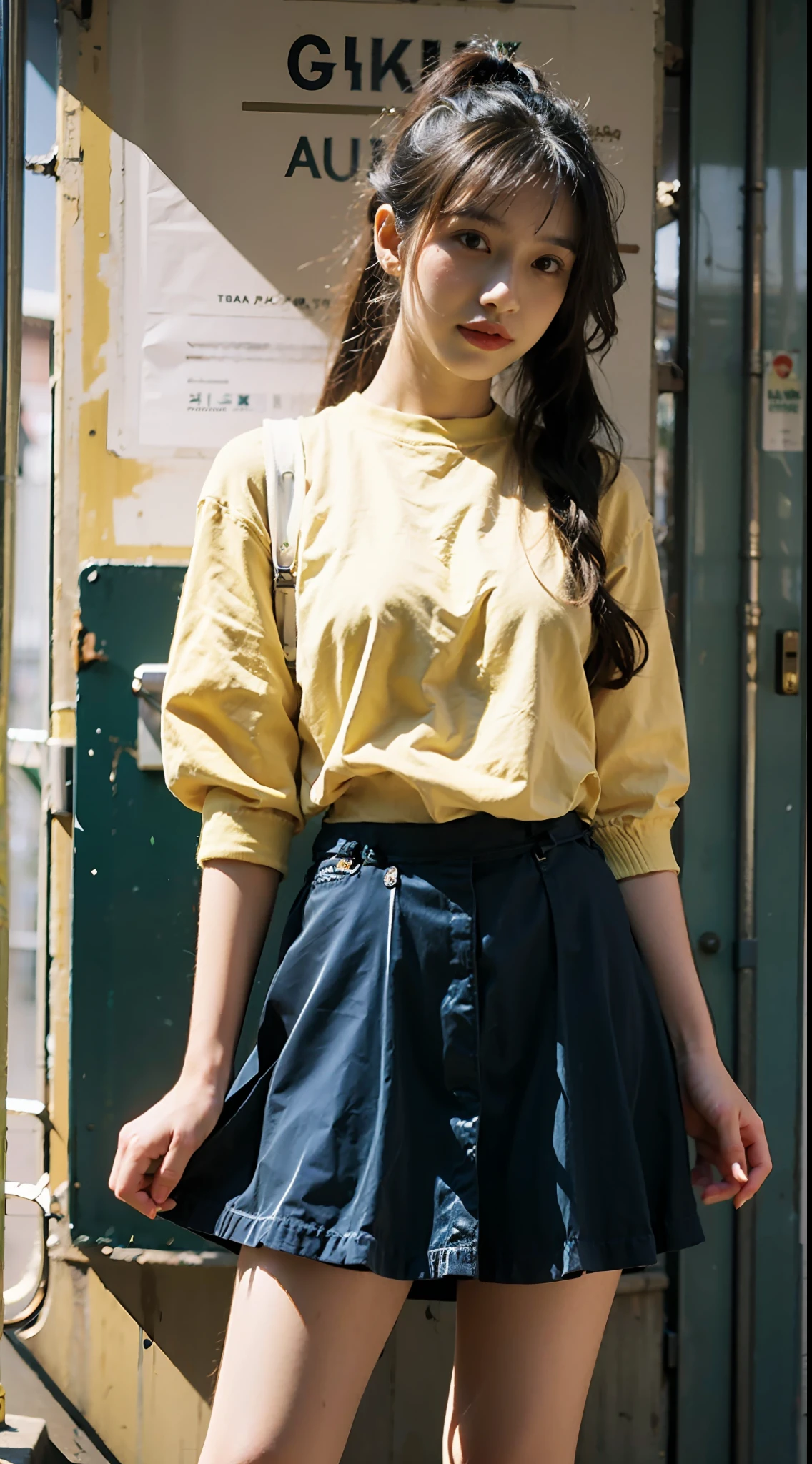 She has long black hair,With a double ponytail,in an art nouveau style,Wear a yellow and green striped shirt,a skirt,Long legs,Warm light tones,Shabby poster wall with background,tmasterpiece,Need,photorealestic,k hd,photography lighting,16k