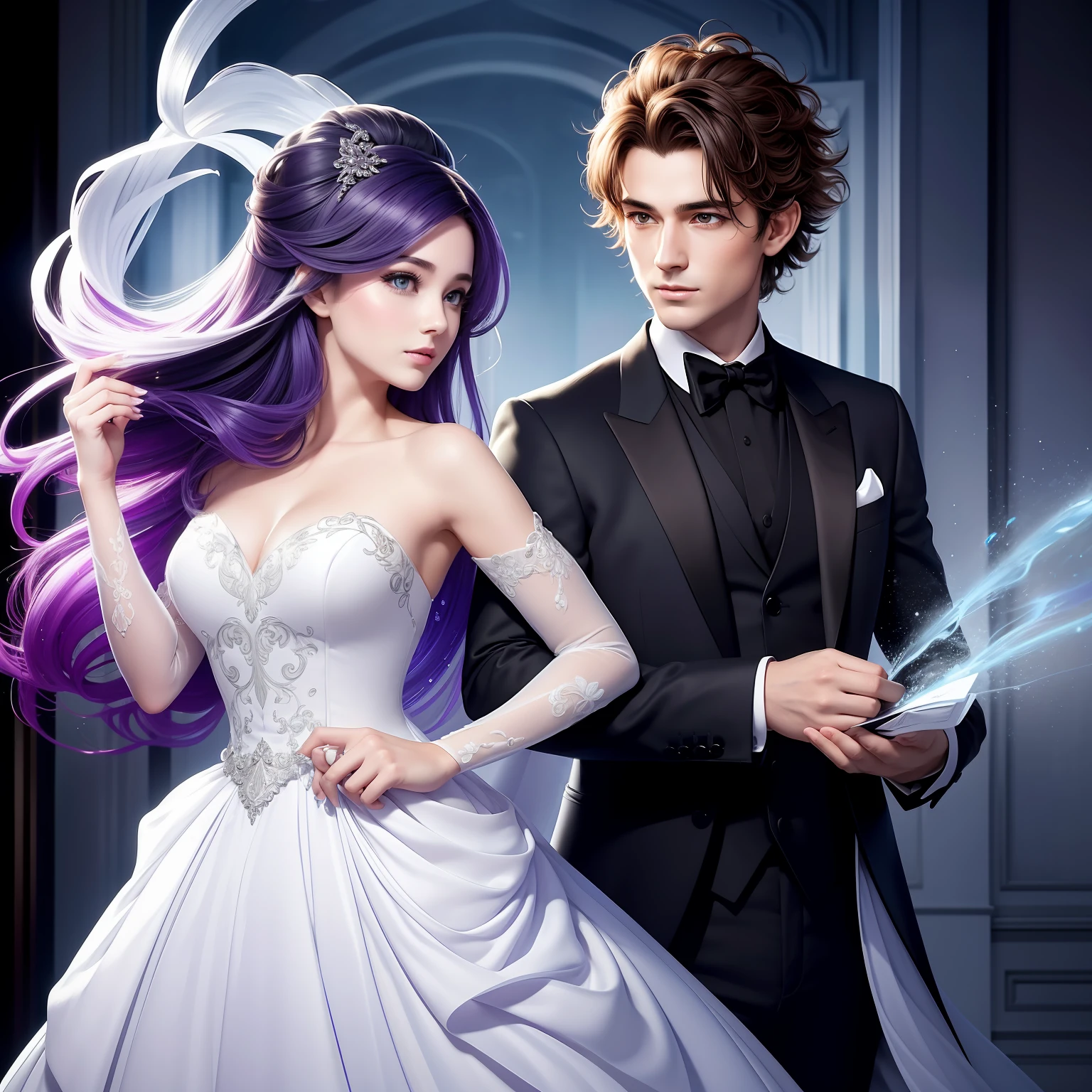 The groom in a colorful and beautiful tuxedo and the bride in a pure white waging dress : 8-year-old Giru, Messy hair, Oil painting, Soft skinice perfect face, Blue-yellow color, Add light purple and purple, Add bright red, intricated details, splash screen, in 8k resolution, masterpiece, cute face, Art Station Digital Painting Smoothly Ultra-Black Ink Flow : 8K resolution realistic masterpiece : Intricately depicted fluid gouache painting,Groom in tuxedo,Boo in a pure white dress : in door : Jeaptiste Mongue : calligraphy : acryl : Watercolor art, professional photograph, natural lighting, Volumetric lighting maximalist photography: by Marton Bobzert:, Complex, graceful, extensive, fantastical, Wave hair, Lively --auto
