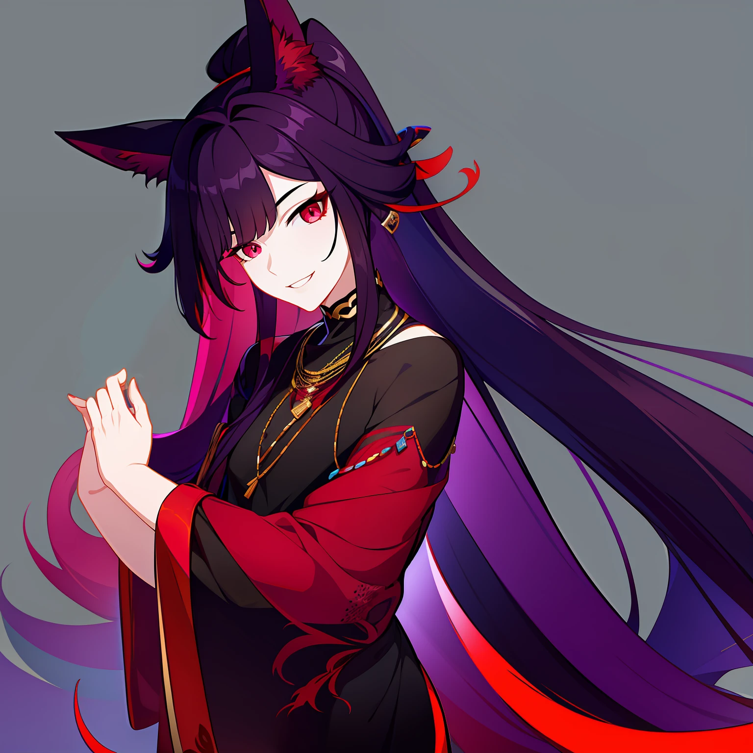 Young guy, pretty facial features, long dark purple hair, half gathered in messy ponytail, half loose, dangerous bright red eyes, black fit clothes with many jewels, fox ears and tail, mad smile