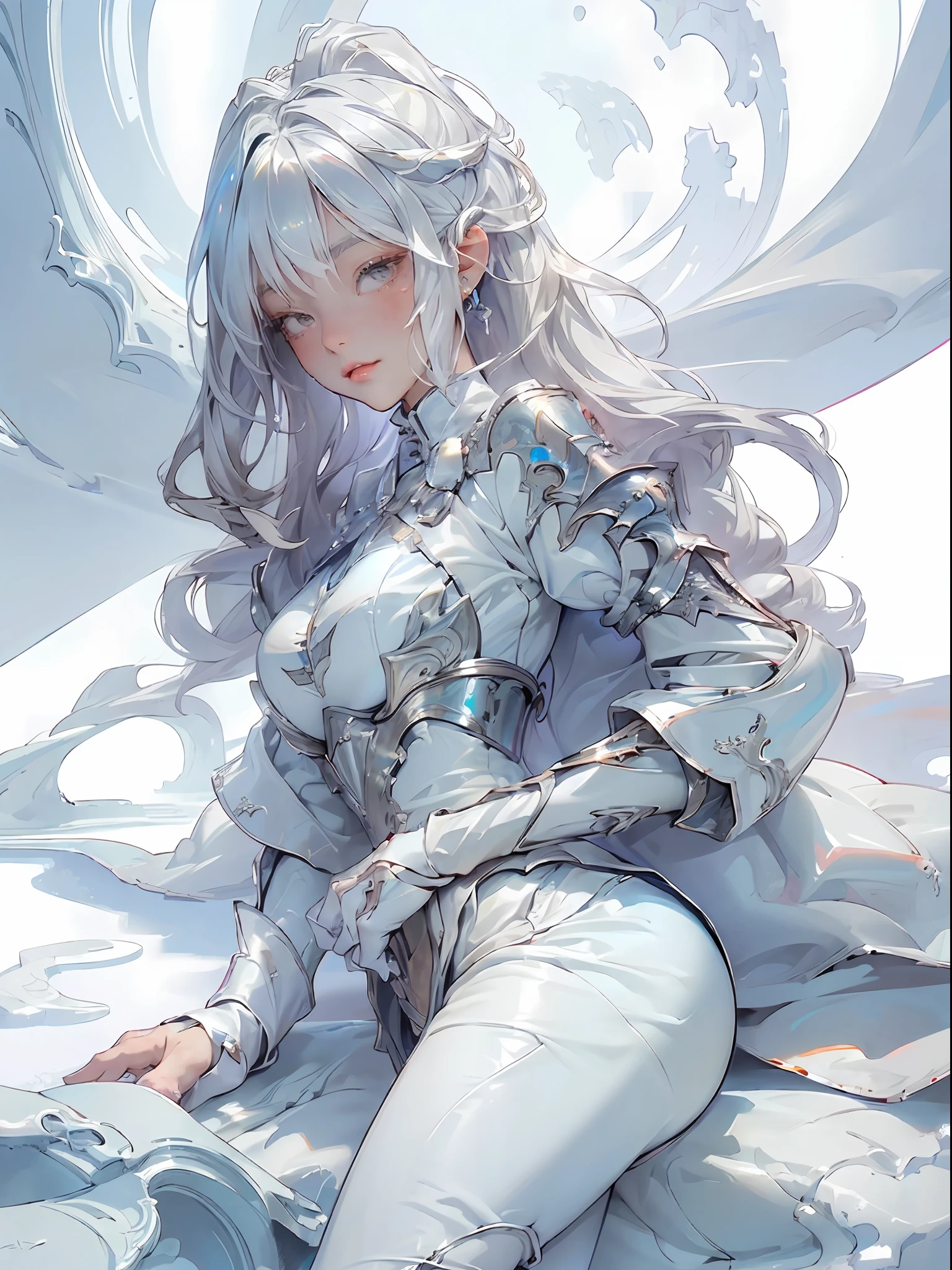 (top-quality、tmasterpiece:1.2)，teens girl，White color hair、Smooth skin、Beautiful mouth、Smooth legs、Busty body，Silver lace-up panties，Moon，Lying in the snow，onbed，Riding position，Visible on the back，Butt visible，