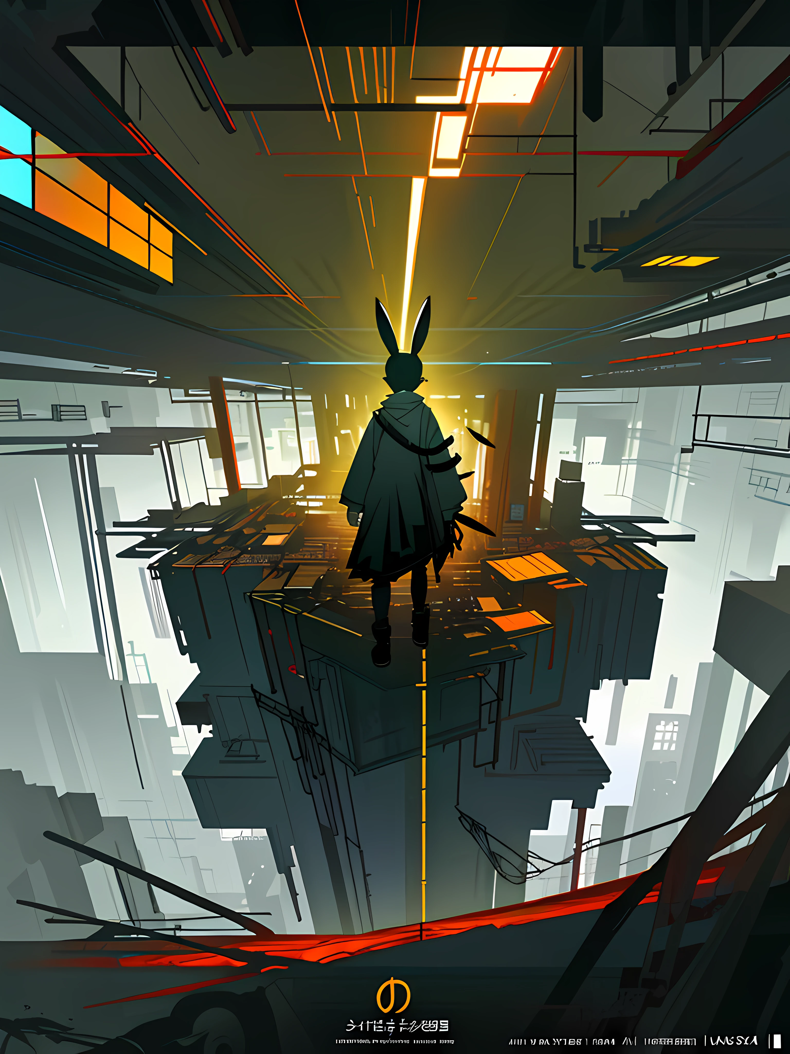 (blame! style abandoned tech landscape), (Zen, Amy Sol style), (underground, dark, foggy, perilous, abandoned dystopian apartment bedroom, deep windows), (abstract anthro rabbit figure wearing bunny ears), cover art with light abstraction, abstract, simple vector art, contemporary Cybernetic art, color gradients, soft color palettes, layered forms, whimsical animation, style Ethereal abstract, 4K, --v6